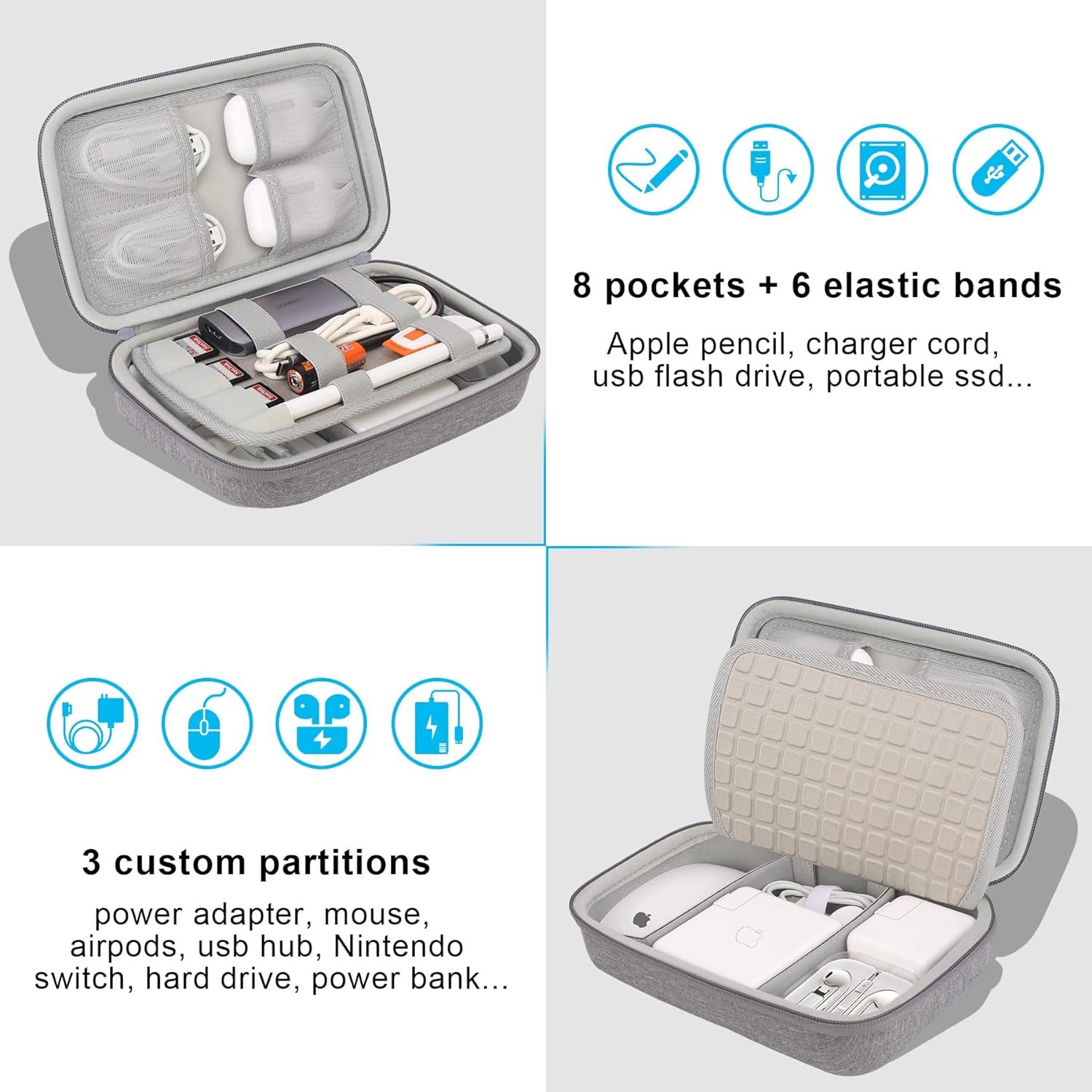 Elonbo Hard Travel Cords Organizer Universal Small Electronic Accessories Carrying Case for Chargers Cables Macbook Adapter Magic Mouse Apple Pencil USB Flash Disk Tech Portable Storage Bag, Grey image number 4
