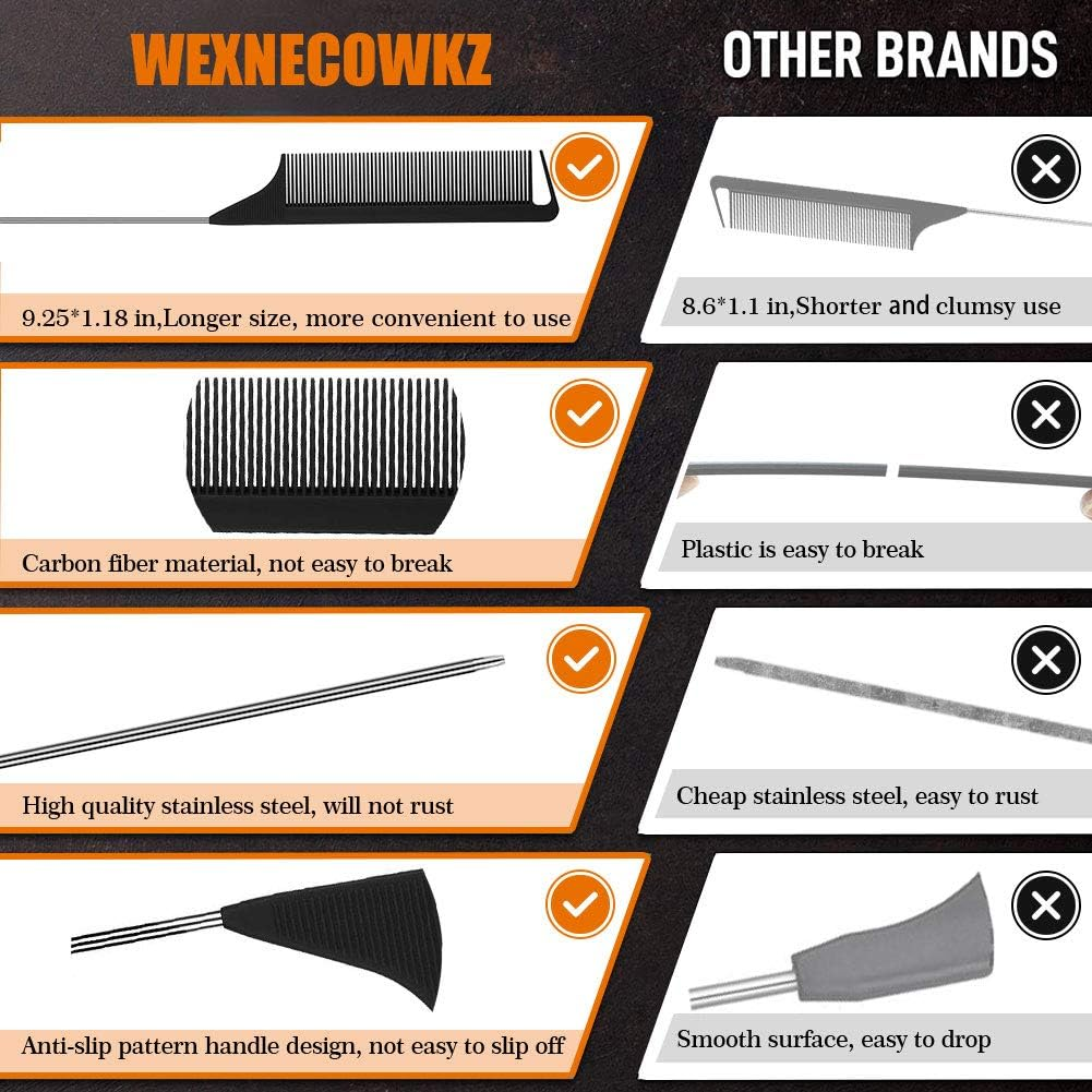 3 Pieces Rat Tail Comb Carbon Fiber Teasing Combs Parting Braids Comb Stainless Steel Pintail Comb Barber Styling Combs for Women Men Fine Teeth Salon Hairdressing Hair Care Tools image number 4