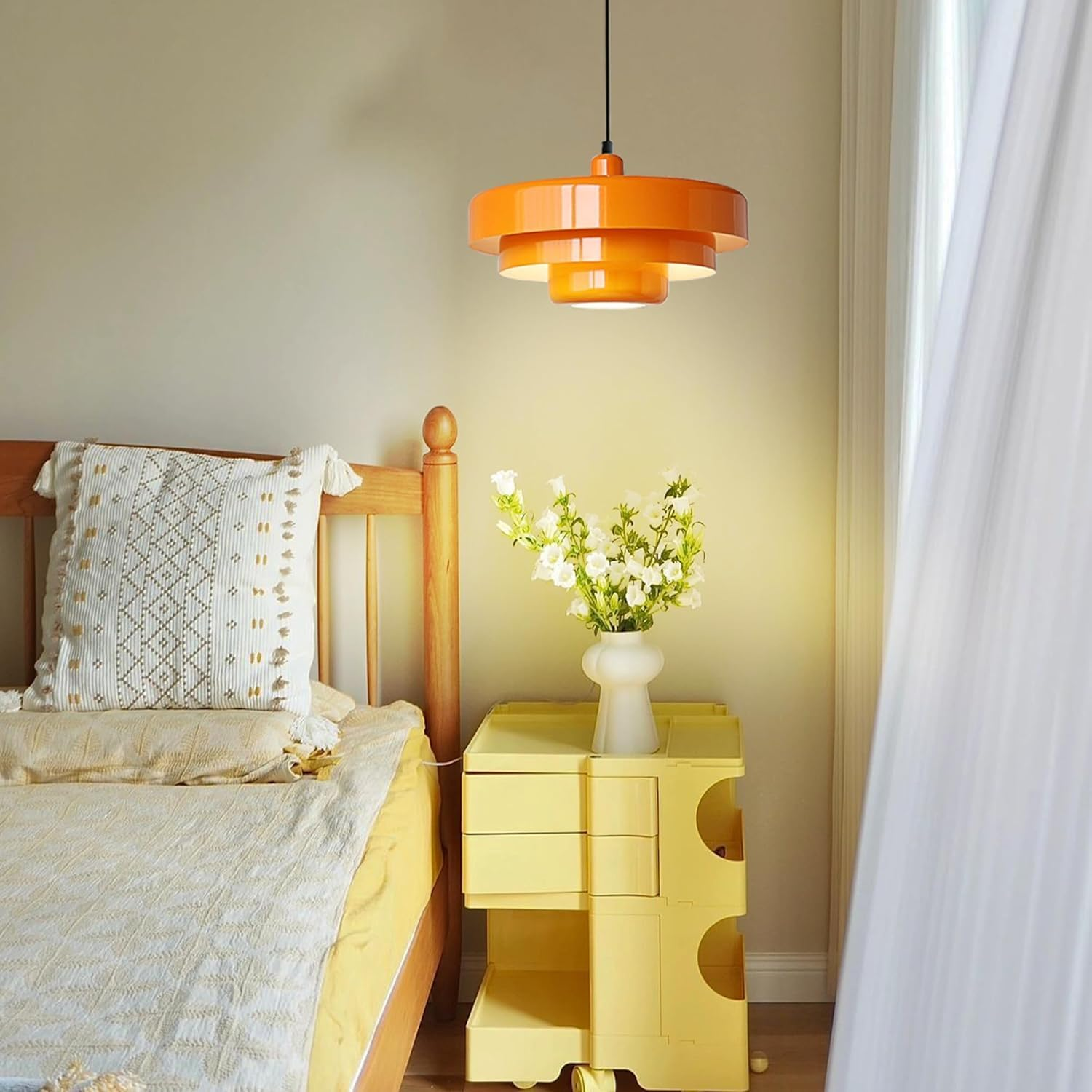 Mid Century Pendant Light Fixtures Orange Ceiling Pendant Lighting 3-Layer Metal Shade Design Vintage Hanging Light Flush Mount Light for Kitchen Island Dining Table Hallway (Orange) image number 2