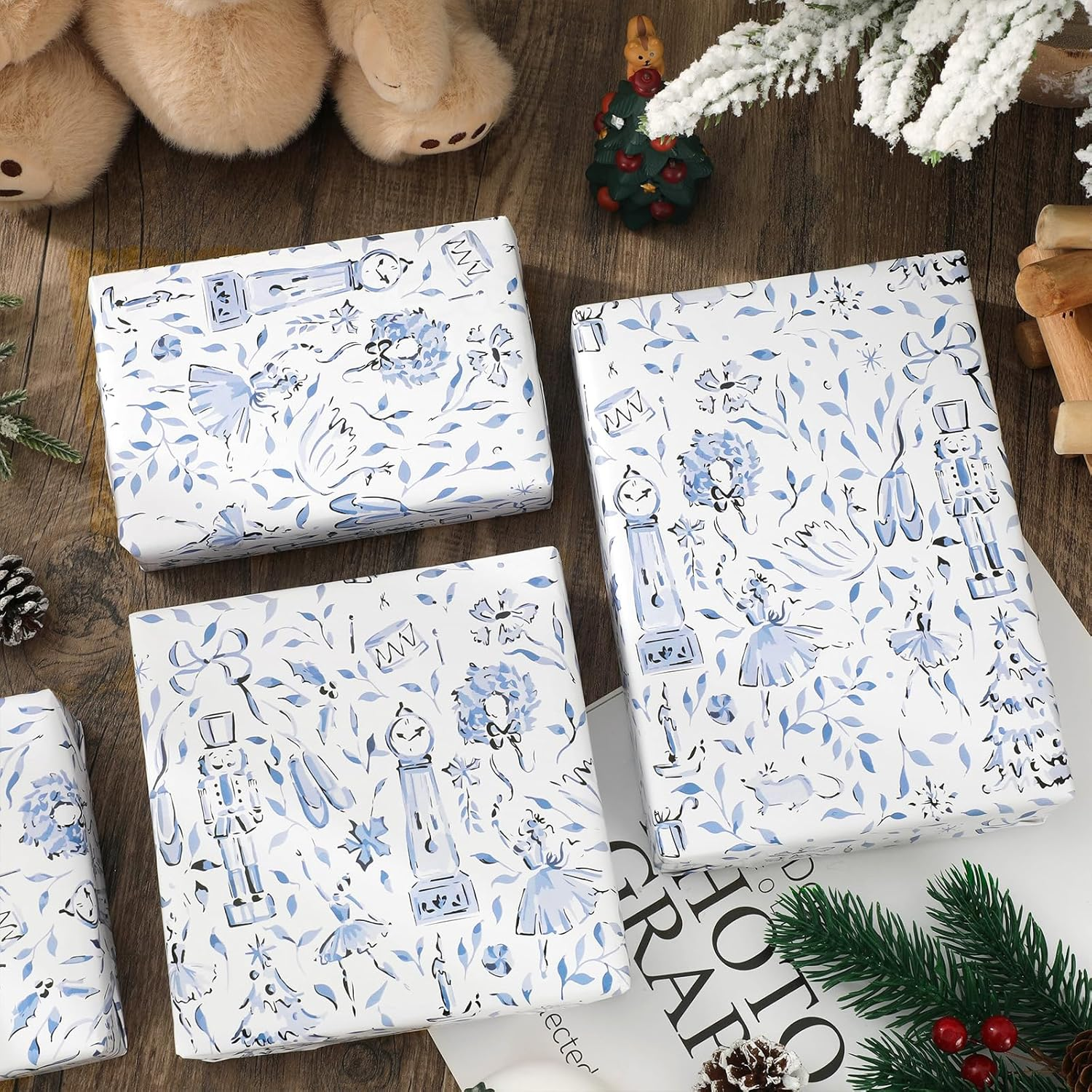 Jarthenaamcs Christmas Wrapping Paper - Mini Roll - 17 Inch X 32.8 Ft Blue Xmas Tree Nutcracker Gift Wrap Paper Decorative Art Paper for DIY Crafts Supplies image number 5