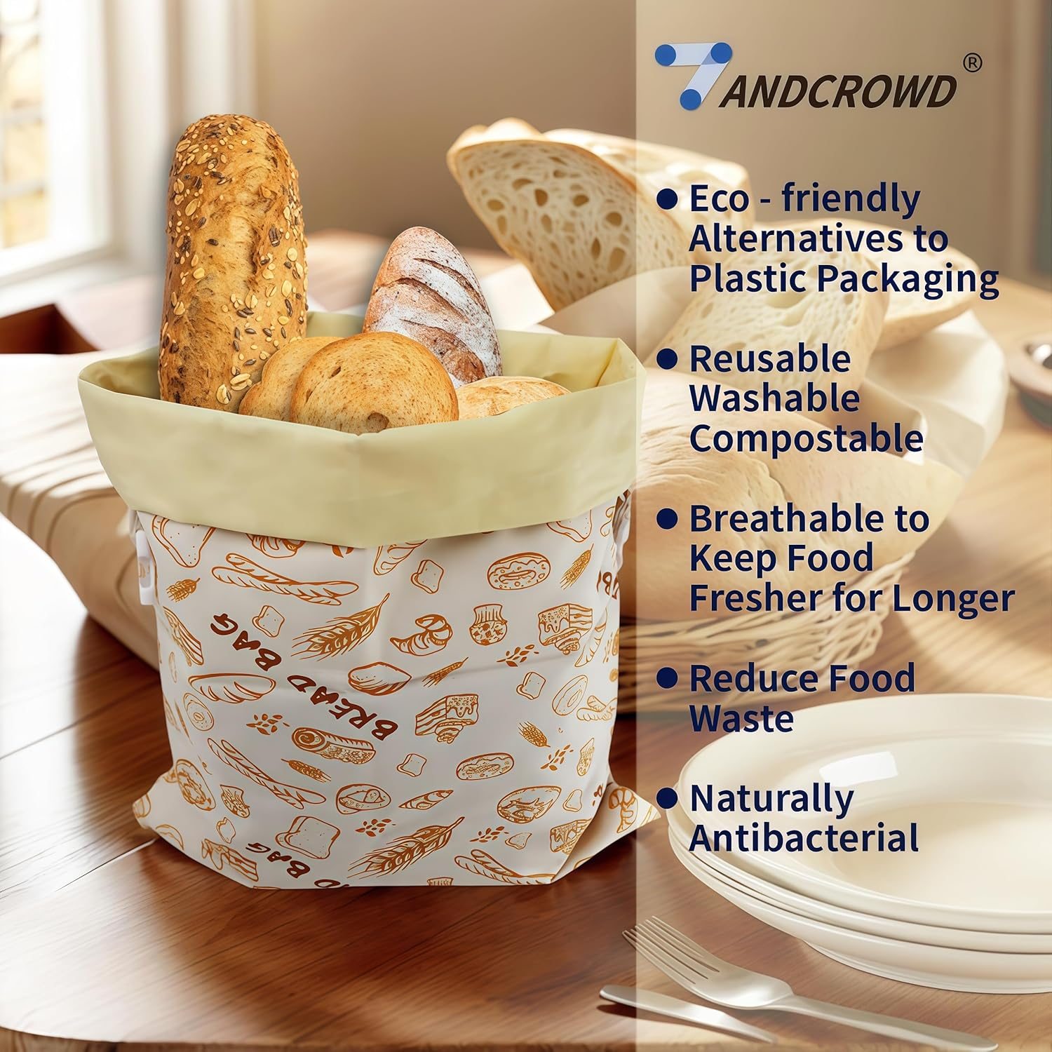 Beeswax Bread Bag Suitable for Food Preservation,Baking Storage and Outdoor Picnics.Beeswax Lined,Reusable Cotton Cloth Bag Forhomemade Bread,Freezer Storage Bag,Fresh Keeping,2 Pack. image number 2