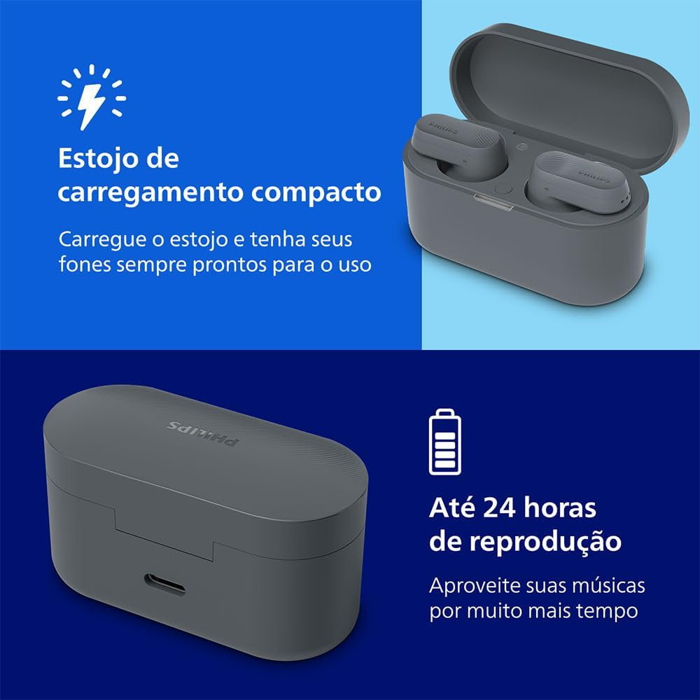 Philips TAT3509GY Noise Cancelling True Wireless in Ear Bluetooth Headphones - Natural Sound, Dynamic Bass, Pocket-Sized Charging Case, Clear Calls, Ideal for Commuting and Exercise - Grey image number 2