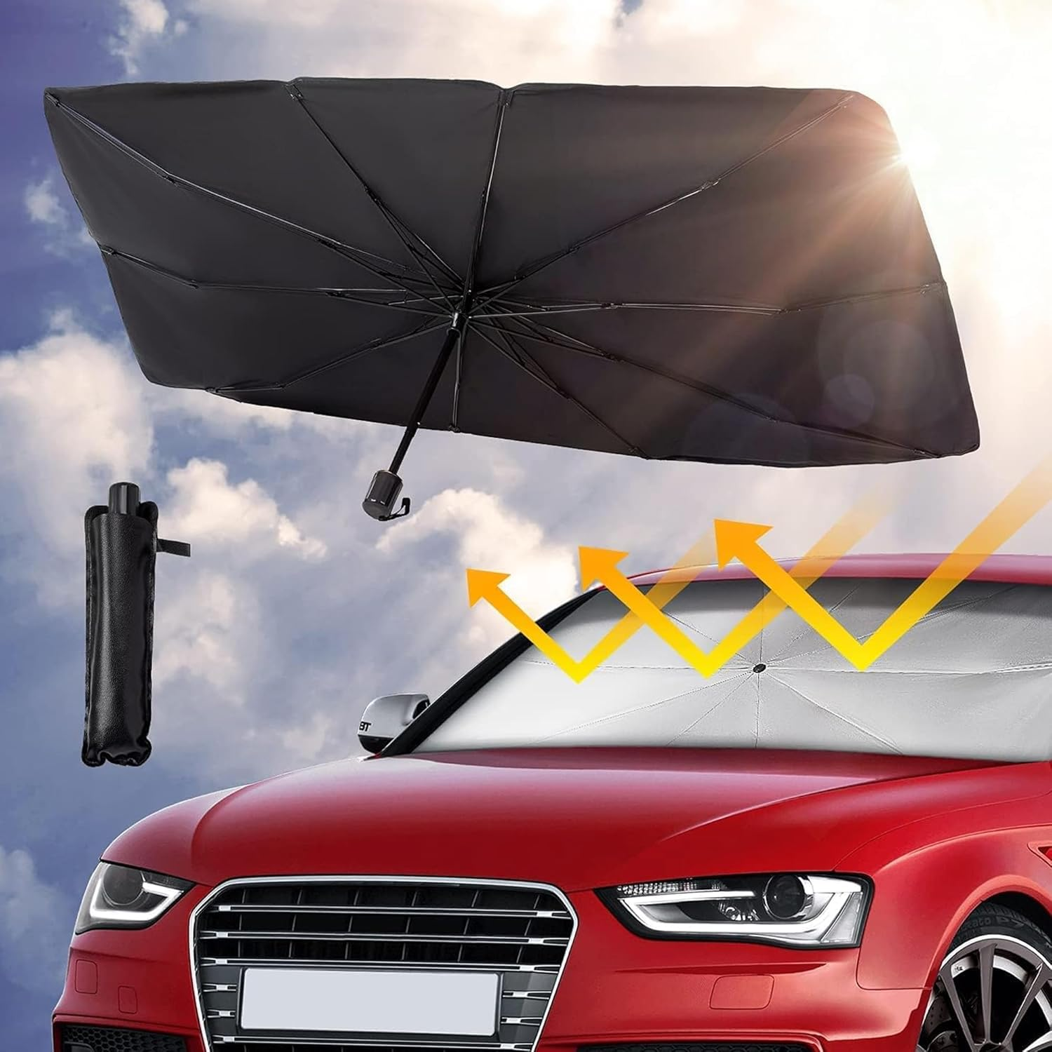 Sulfar Car Sun Shade,For Car Front Windshield, Car Umbrella Sun Shade Cover, Foldable UV Reflector and Heat, Sunshade for Cars, Fits Most Vans SUVS (57 X 31 In)