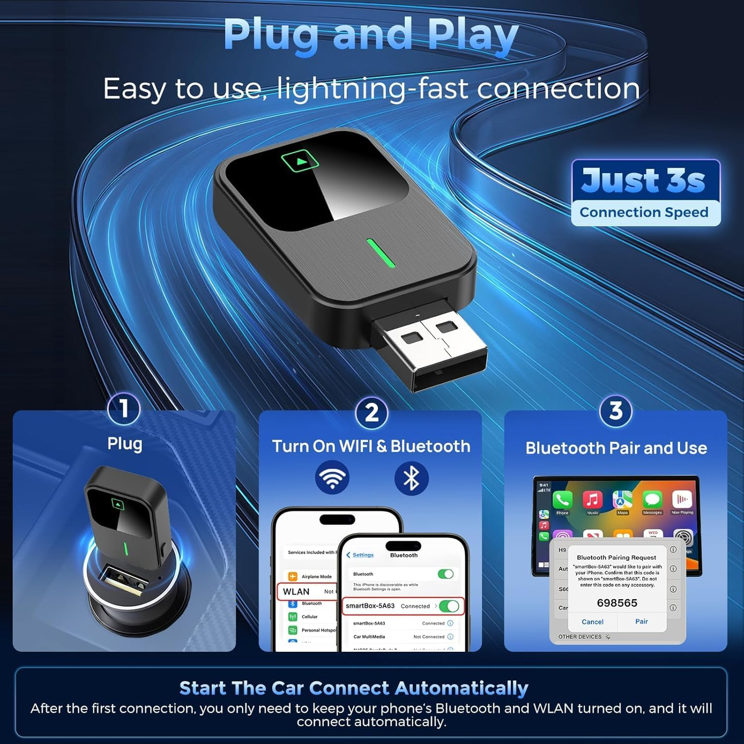2-In-1 Wireless Carplay Adapter&ndash; Android Auto Wireless Adapter with 1-Tap Switch & Reset, Convert Wired to Wireless with USB & Type-C, Plug & Play Stable Control & No Delay Car Play image number 5