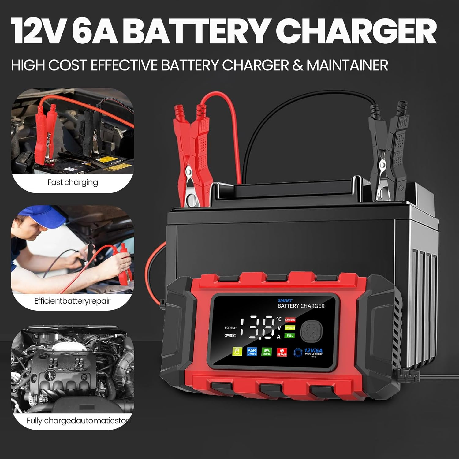 6 Amp Car Battery Charger, Smart Battery Trickle Charger Automotive 12V Battery Maintainer Desulfator for Car Truck Motorcycle Lawn Mower Marine Lifepo4 Lead Acid Batteries image number 1