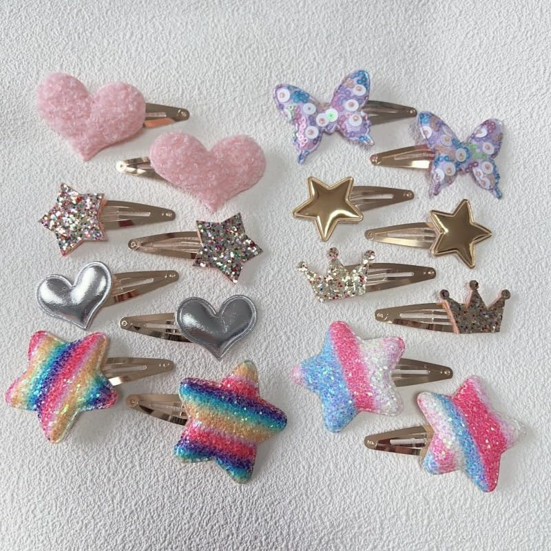 Hair Clips for Girls - 8 Pairs of Star, Crown, Heart, Butterfly Shaped Barrettes and Pins - Metal Snap Accessories for Styling Kids' Hair