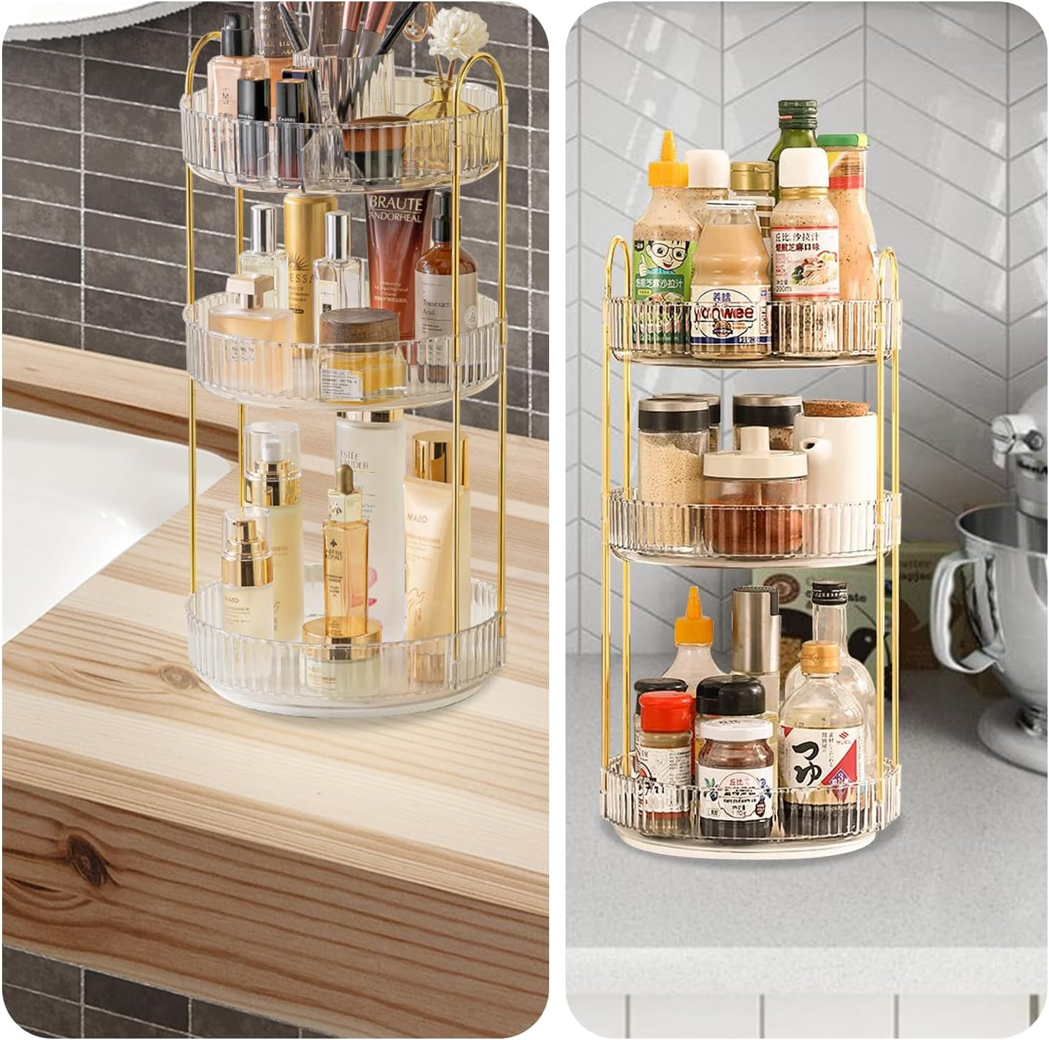 Rotating Makeup Organiser, Spinning Cosmetic Display Cases Vanity Organizer Countertop with 3 Layer Spacious Capacity and Divided Top for Skin Care,Makeup Brush,Lipstick,Perfume,Jewellery Organiser image number 4