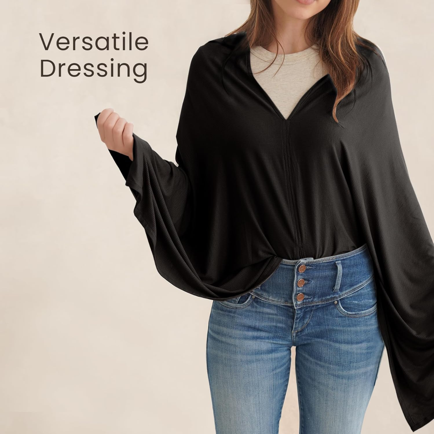 Konssy Knit Nursing Cover for Breastfeeding, 360&deg; Full Privacy Breathable Breastfeeding Cover, Multi-Use Carseat Canopy(Black) - Blush Beige image number 2