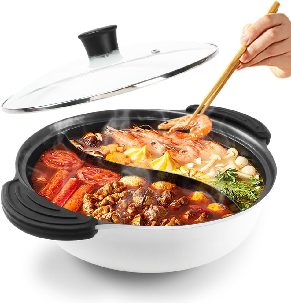 Hot Pot with Divider for Induction Cooker Dual Sided Soup Cookware Two-Flavor Chinese Shabu Shabu Pot for Home Party Family Gathering, 4.5 Quart (White)