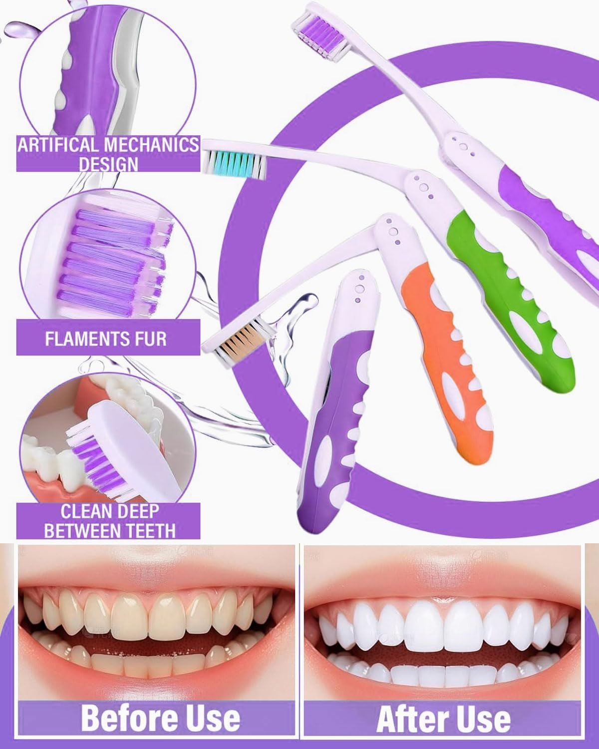 Pack of 4 Travel Toothbrushes, Foldable, Soft Toothbrush, Portable Travel Manual Toothbrushes for Adults, for Camping, School, Business Travel, Hiking image number 1