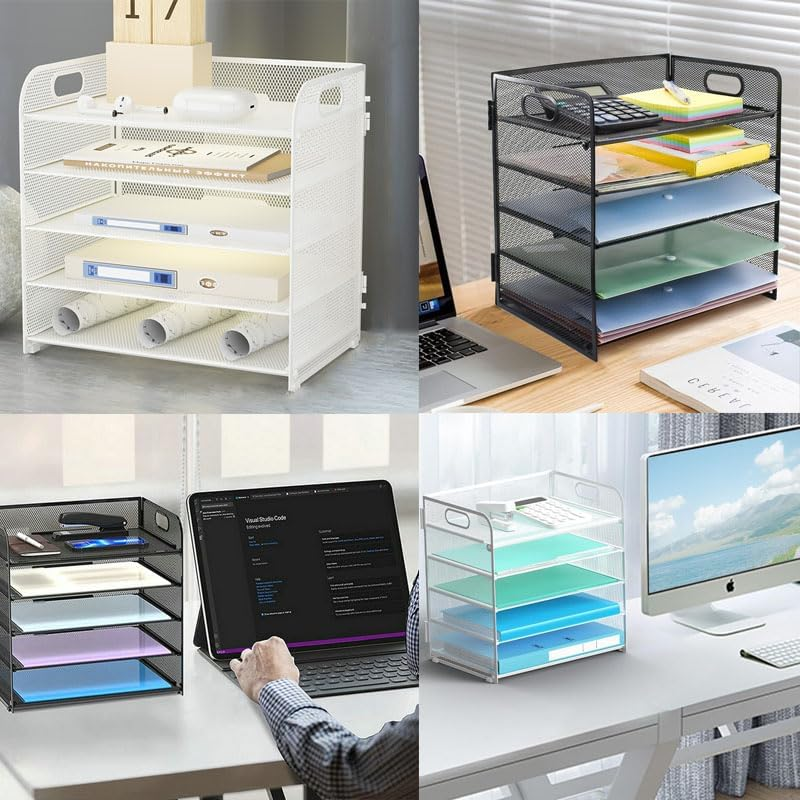 5-Tier Mesh Desk File Organizer with Handle &ndash; Black Letter Tray for Office, Home, School,Paper Sorter & Document Organizer (Black) image number 5