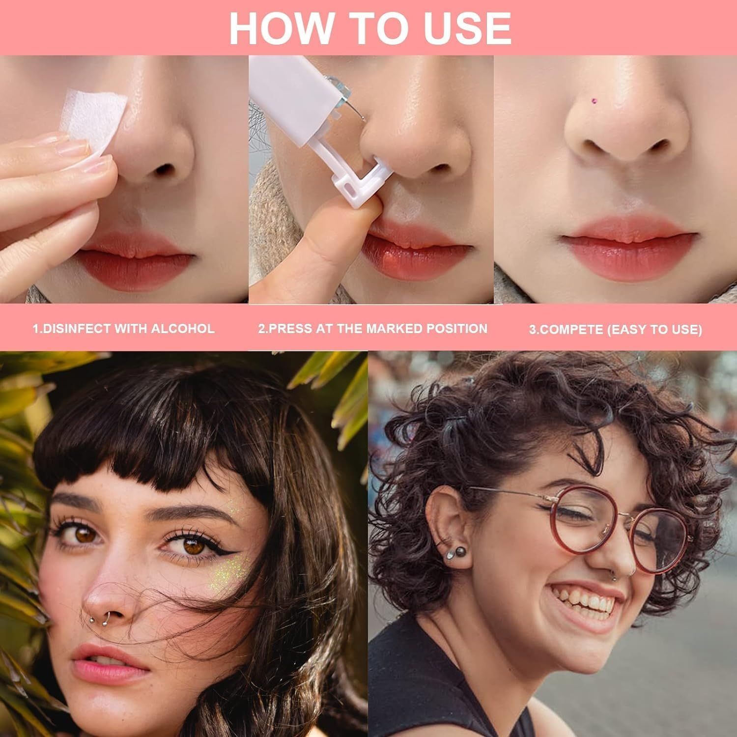 Nose Piercing Gun Kit 6Pcs Disposable Nose Piercing Kit Including 2Pcs Self Nose Piercing Gun with 2Pcs Built-In Nose Stud and 2Pcs Clean Tools for Nose Cartilage Piercing Kit(Gold) image number 4