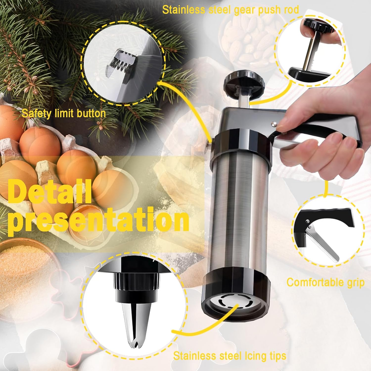 Jeyssui Cookie Press Gun，With 13 Spritz Cookie Press Stencil Discs and 8 Piping - Versatile,Reusable, Classic Stainless Steel Cookie Press for Baking,For Holidays Christmas Birthday DIY Biscuit Maker image number 2