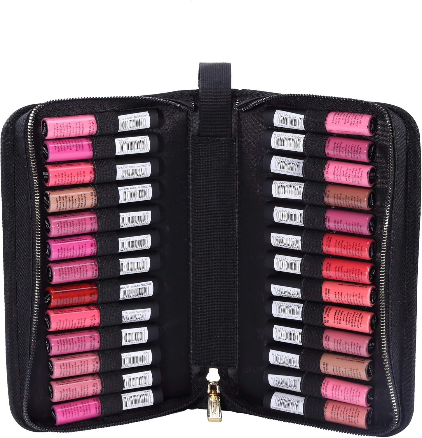 ROWNYEON Portable Lipstick Tester Case Lipstick Stock Case Holder Organization with Carrying Handle Lipstick Makeup Bag (26 Slot Golden Zipper Black)