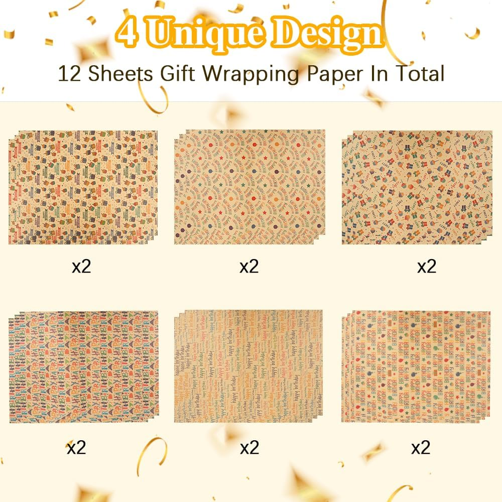 Rugwioyu Happy Birthday Paper 12 Sheets 20X27In Folded Flat Gift Wrapping Paper 4 Style Sports & Birthday Themed Gift Wrapping Supplies image number 6