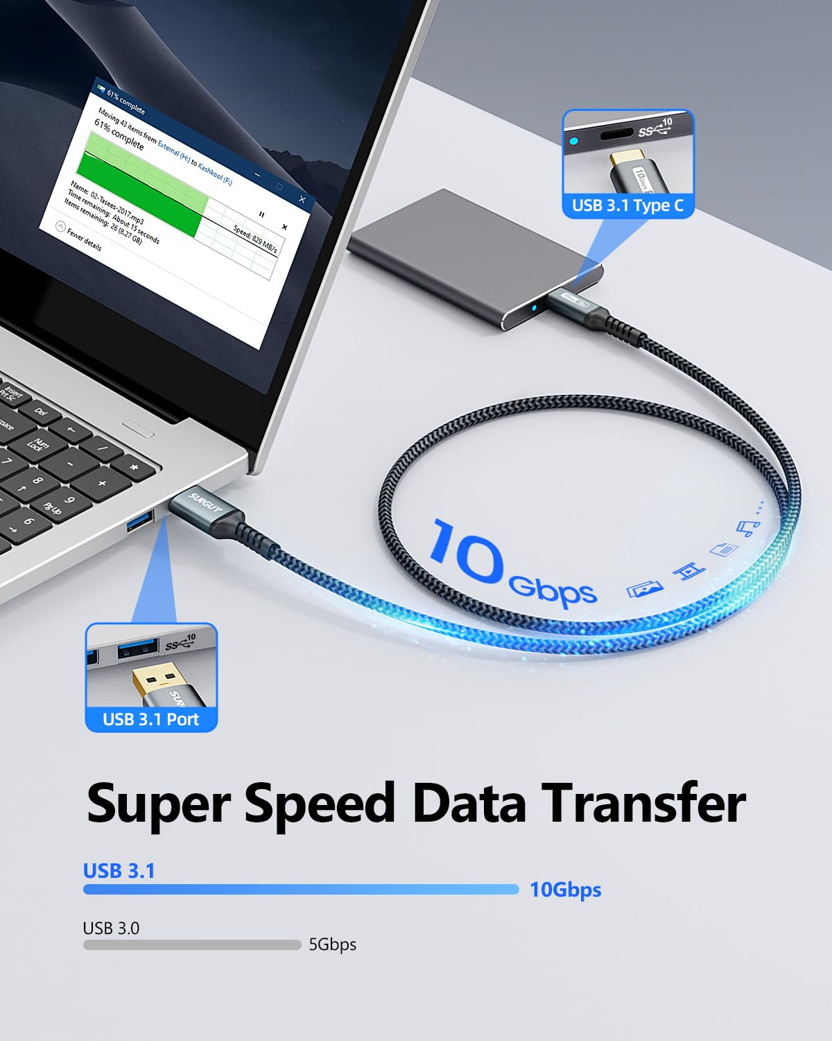 SUNGUY USB C 3.1 Gen 2 Cable 1FT/0.3M 10Gbps Highspeed Data Transfer Android Auto Fast Charging Cable Compatible with Iphone 16/15 Series, Samsung Galaxy S24 S23, USB C External C SSD - Grey image number 3