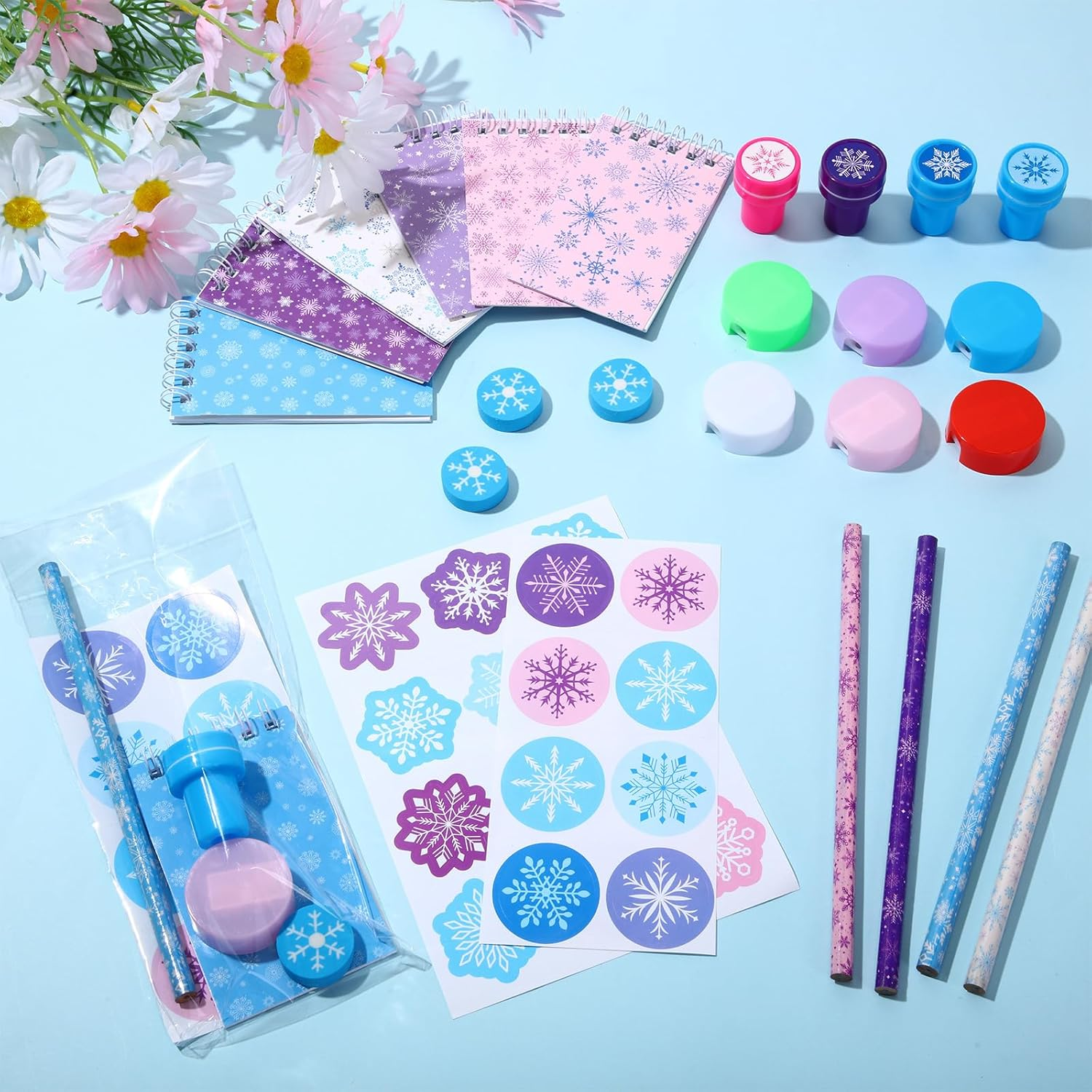 192 Pieces Christmas School Stationery Set Xmas Classrooms Exchange Stationery Gifts Party Favors Class Reward Prizes Notebooks Pencils Sharpener Erasers Stickers Stamps for Party Supplies (Snow) image number 3