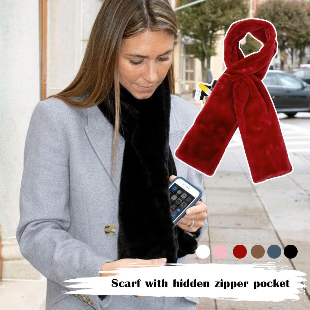Faux Fur Pull through Scarf with Hidden Zipper Pocket, Soft Cozy Warm Pocket Scarf for Hands-Free Storage Phone & Valuables - Gray image number 6