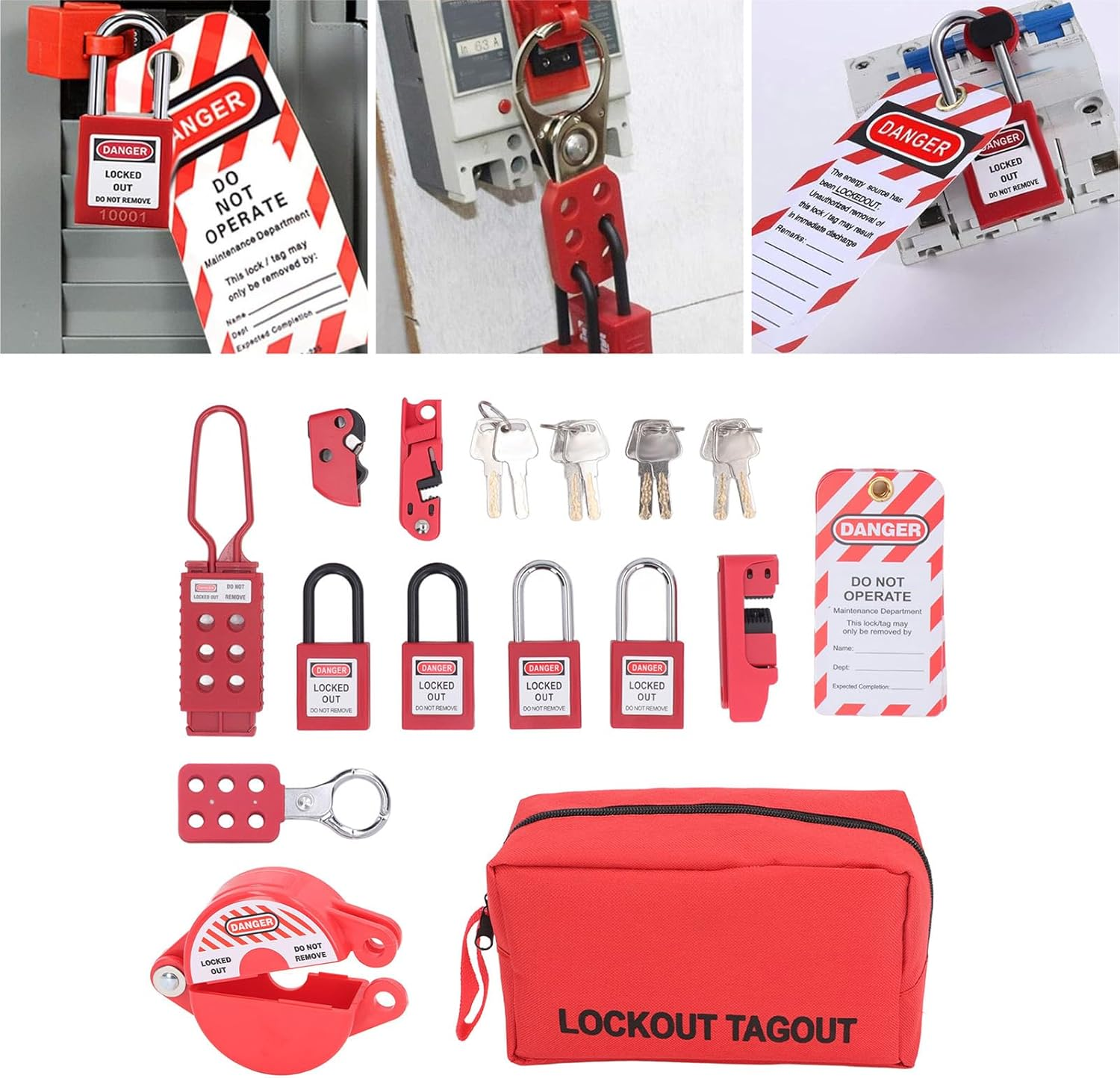 Asixxsix Lockout Tagout Kit Electrical Loto, Clamp on and Universal Multipole Circuit Breaker Lockouts, 4 Loto Safety Padlocks, 3 Circuit Breaker Lockouts, Tags, Storage Bag image number 2