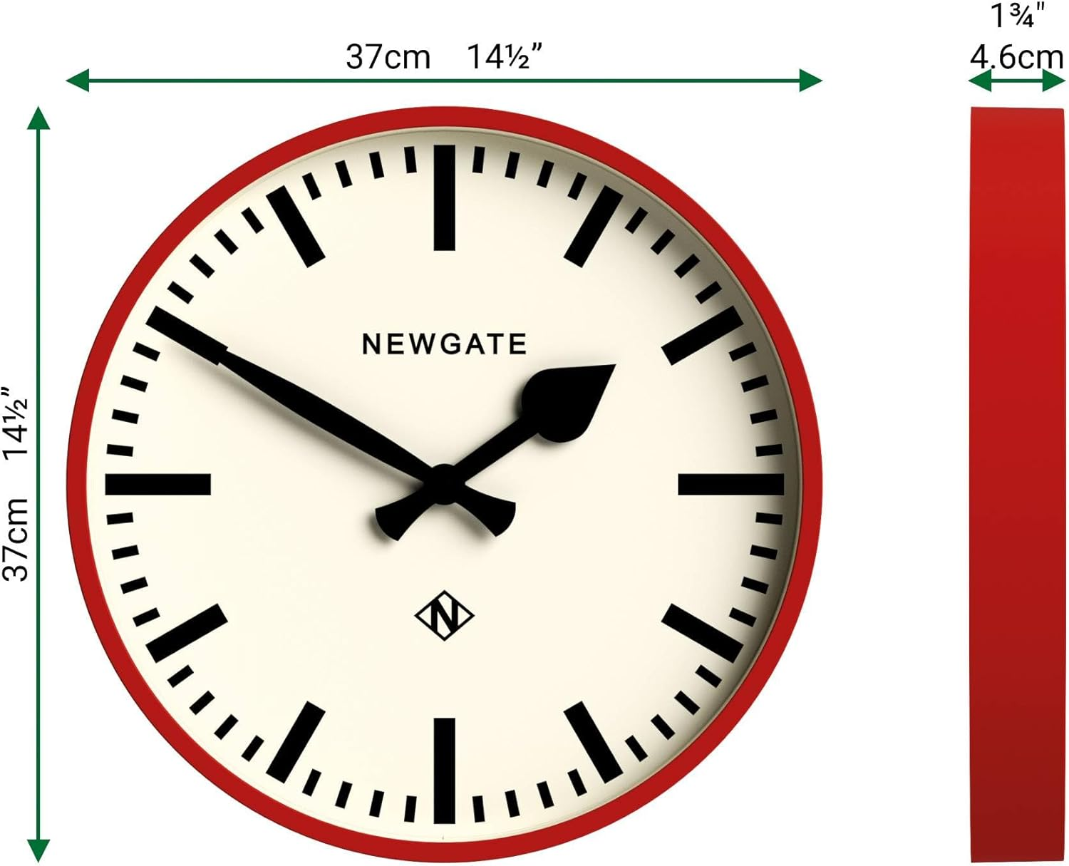 NEWGATE&reg; Number Three Railway Wall Clock - round Clock - Kitchen Clock - Clocks for Living Room - Office Clock - Contemporary Case - Marker Dial - Station Clock (Fire Engine Red)