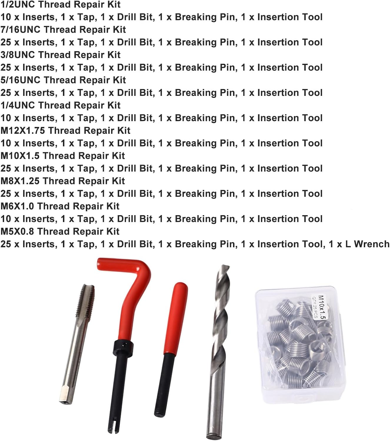 Gearwell Thread Repair Kit, Metric Imperial Thread Insert and Rethreading Set 261 Pieces with Drill Bits, Self Tapping Inserts for Automotive Parts, Switch Equipment and Thread Hole Repair image number 2
