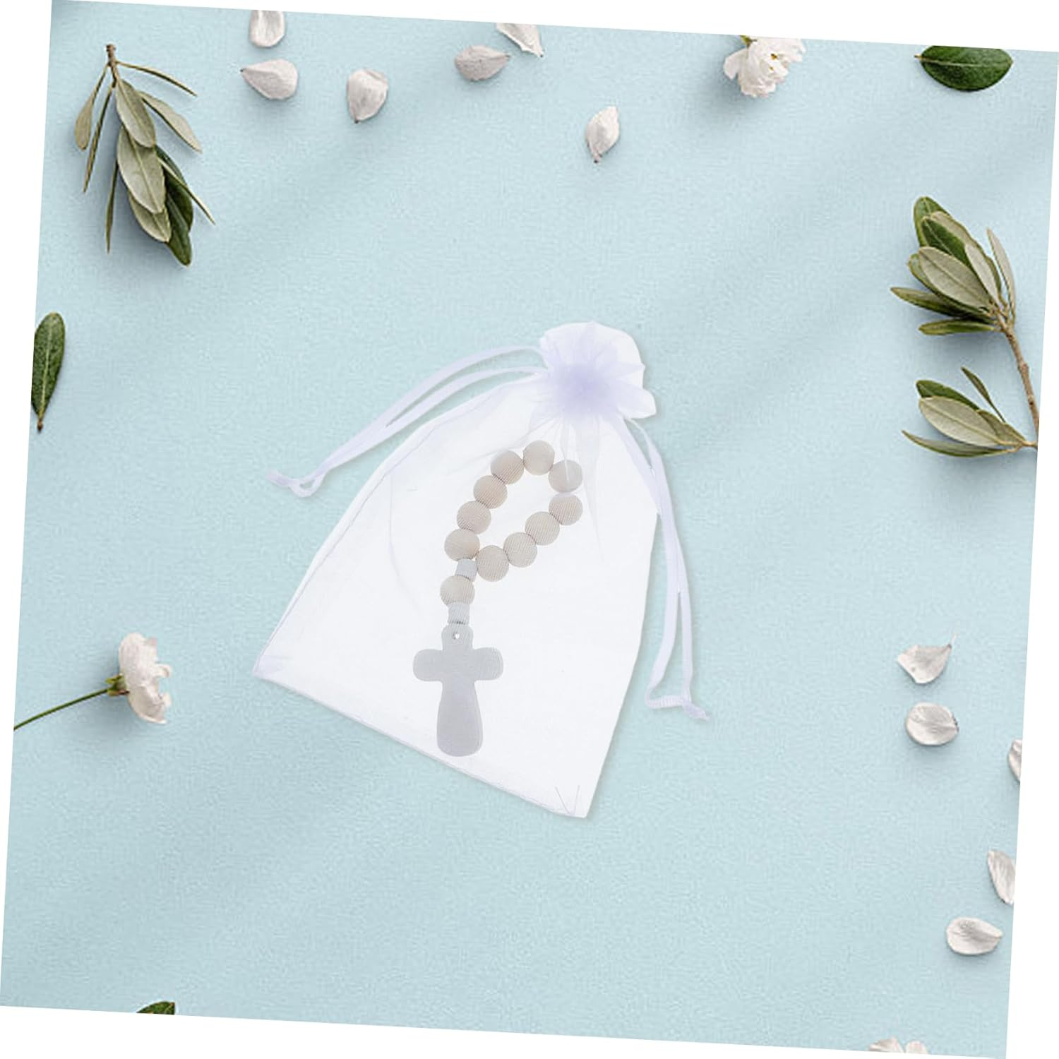 VILLFUL 40 Sets Wooden Bead Rosary Bracelets with Cross Charms for Baptism and First Communion Baby Shower Favors with Organza Bags