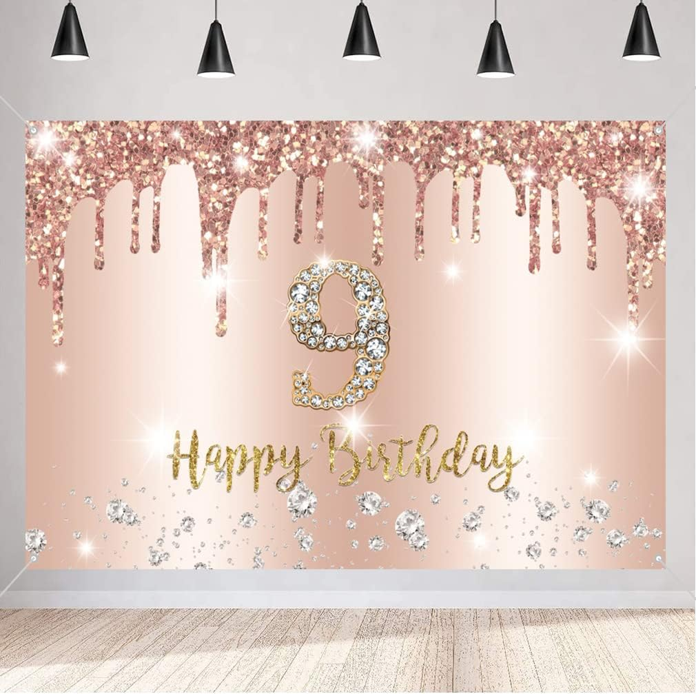 Tecreo Happy 9Th Birthday Decorations Backdrop Banner for Girls, Rosegold Fabric Sign Poster, 59"X35.4", Pink, Vinyl, No Rope Included image number 2