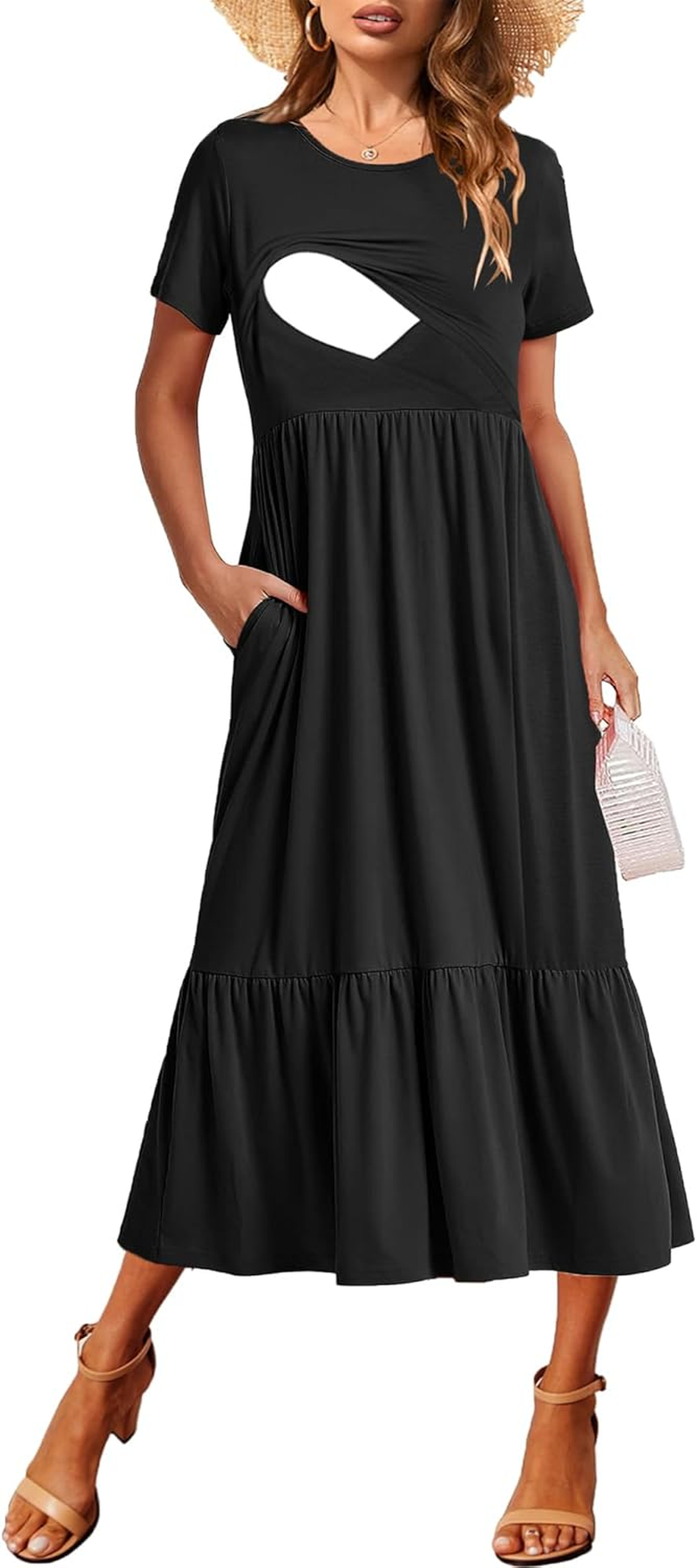 Women Nursing Short Sleeve Crew Neck Fall Dress Maternity Flowy Maxi Dresses Tiered Cocktail Dress with Pockets