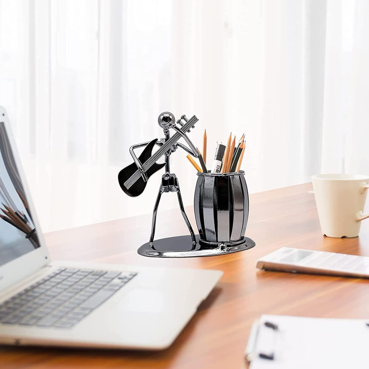 Metal Art Pen Pencil Holder, Creative Guitar Player Pen Cup, Office Desktop Ornaments Music Decoration Gift