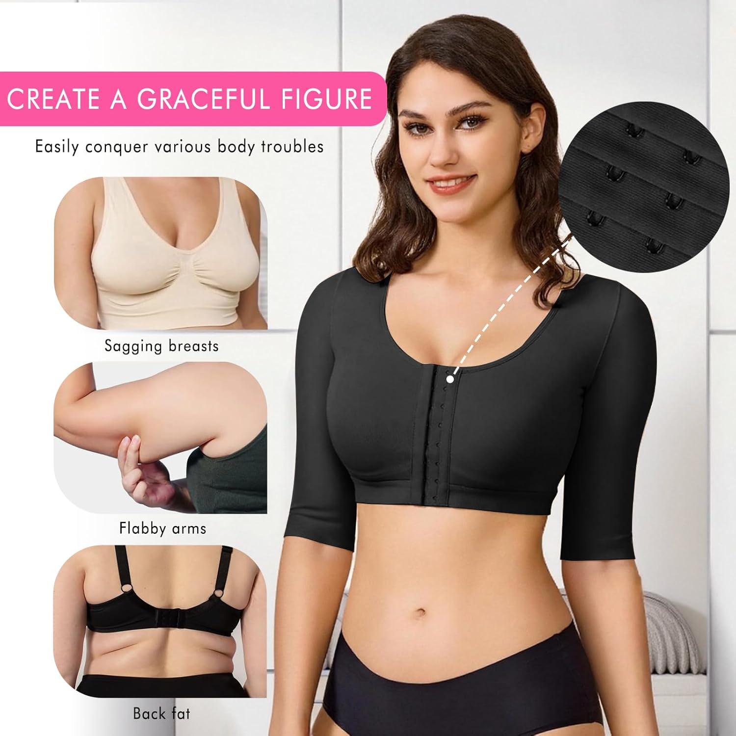 Supcomsta Arm Shaper Tops for Women,Front Closure Post Surgery Arm Compression Sleeves,Non-Padded Push-Up Bra Shapewear Posture Corrector Arm Faja image number 2