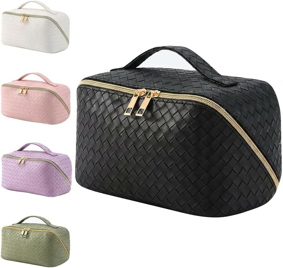 Large Capacity Makeup Bag with Handle & Dividers | Wide-Open Waterproof Travel Cosmetic Organiser for Women Toiletry Bag for Makeup Brushes & Beauty Essentials (Green)