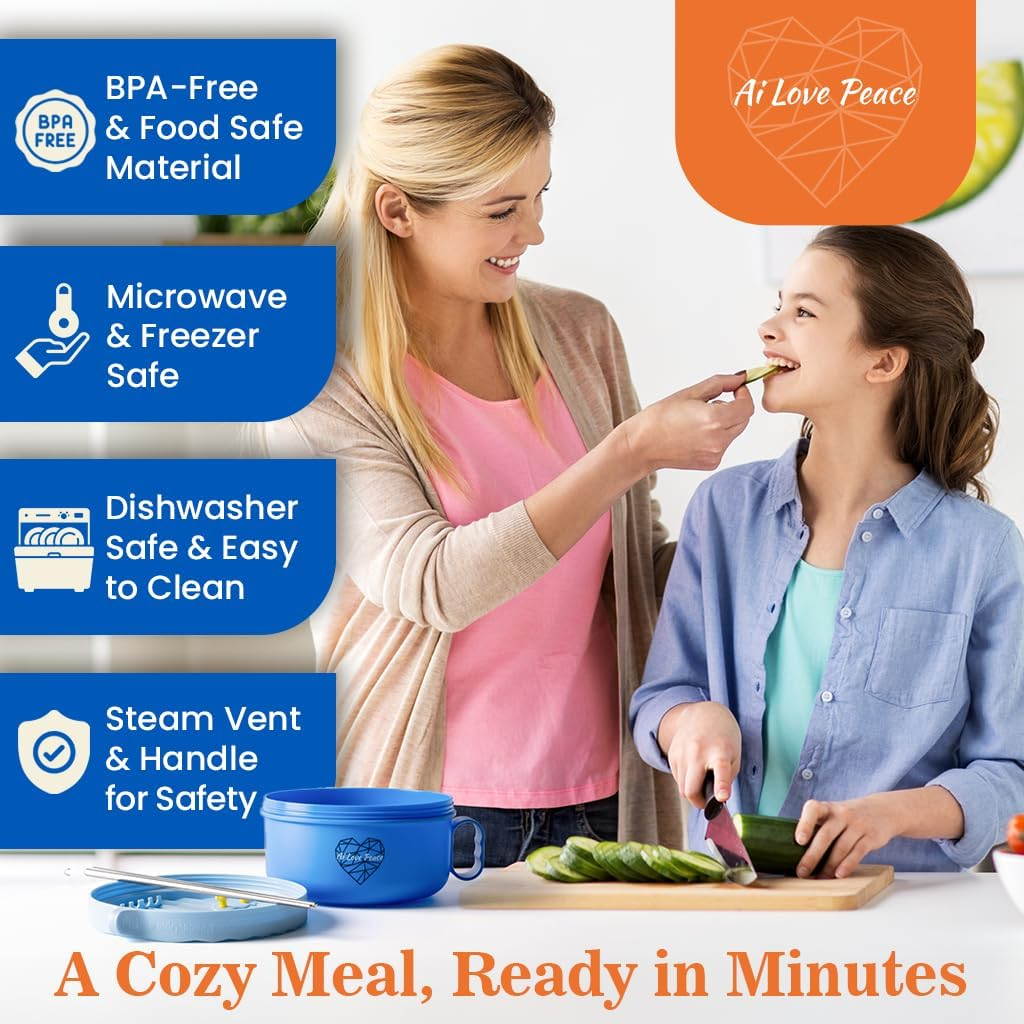 Ai Love Peace Ramen Bowl, 40 Oz Microwaveable Noodle Cooker for Ramen, Pho, Soup, and Pasta, Dishwasher Safe and Portable, Ideal for Home, Office, Dorm, or Gift (Blue) image number 6