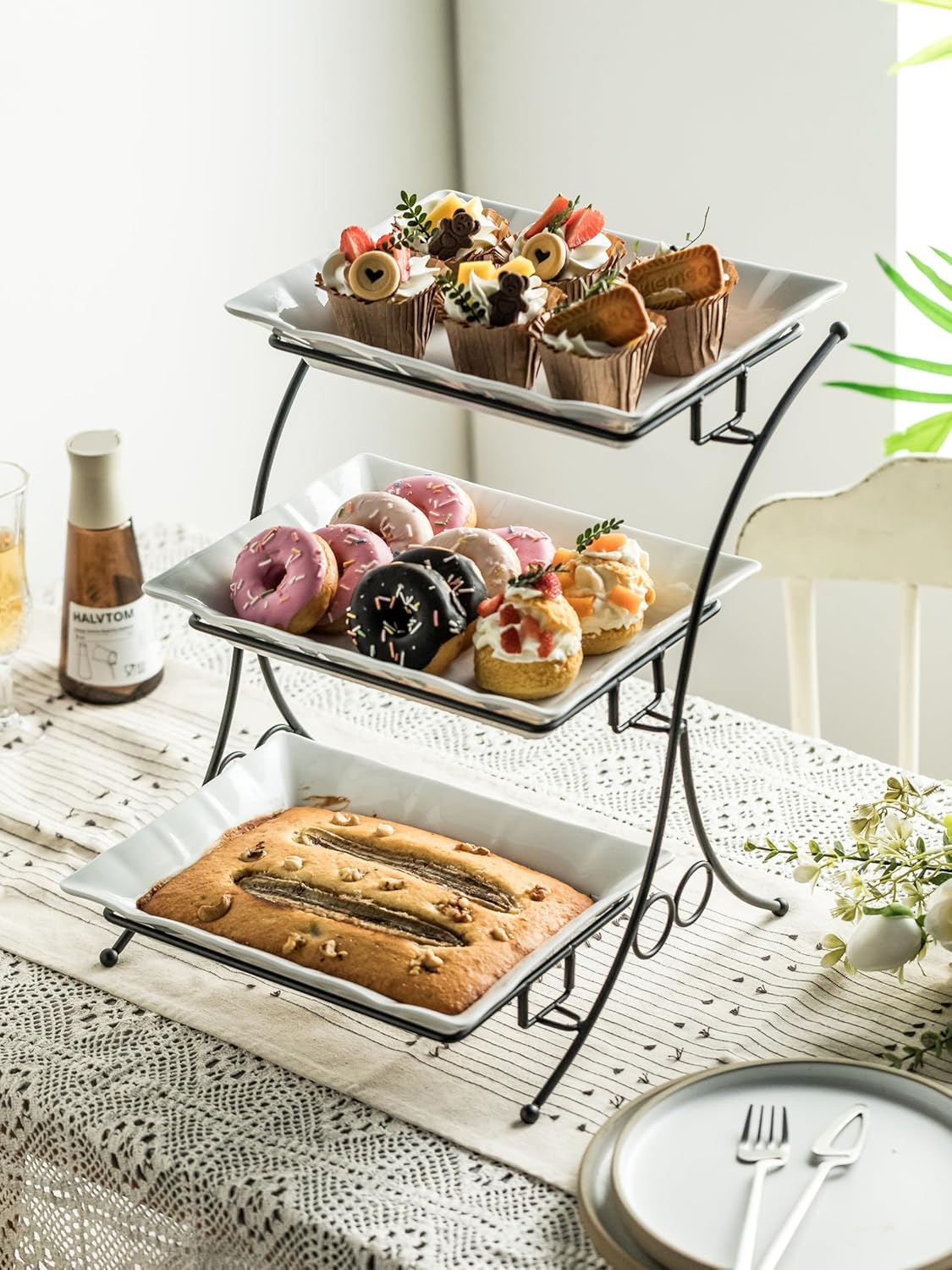 Tiered Serving Stand 3 Tier Buffet Server with Casserole Perfect Tray Porcelain White Platters for Party Serving Display Large Size image number 2