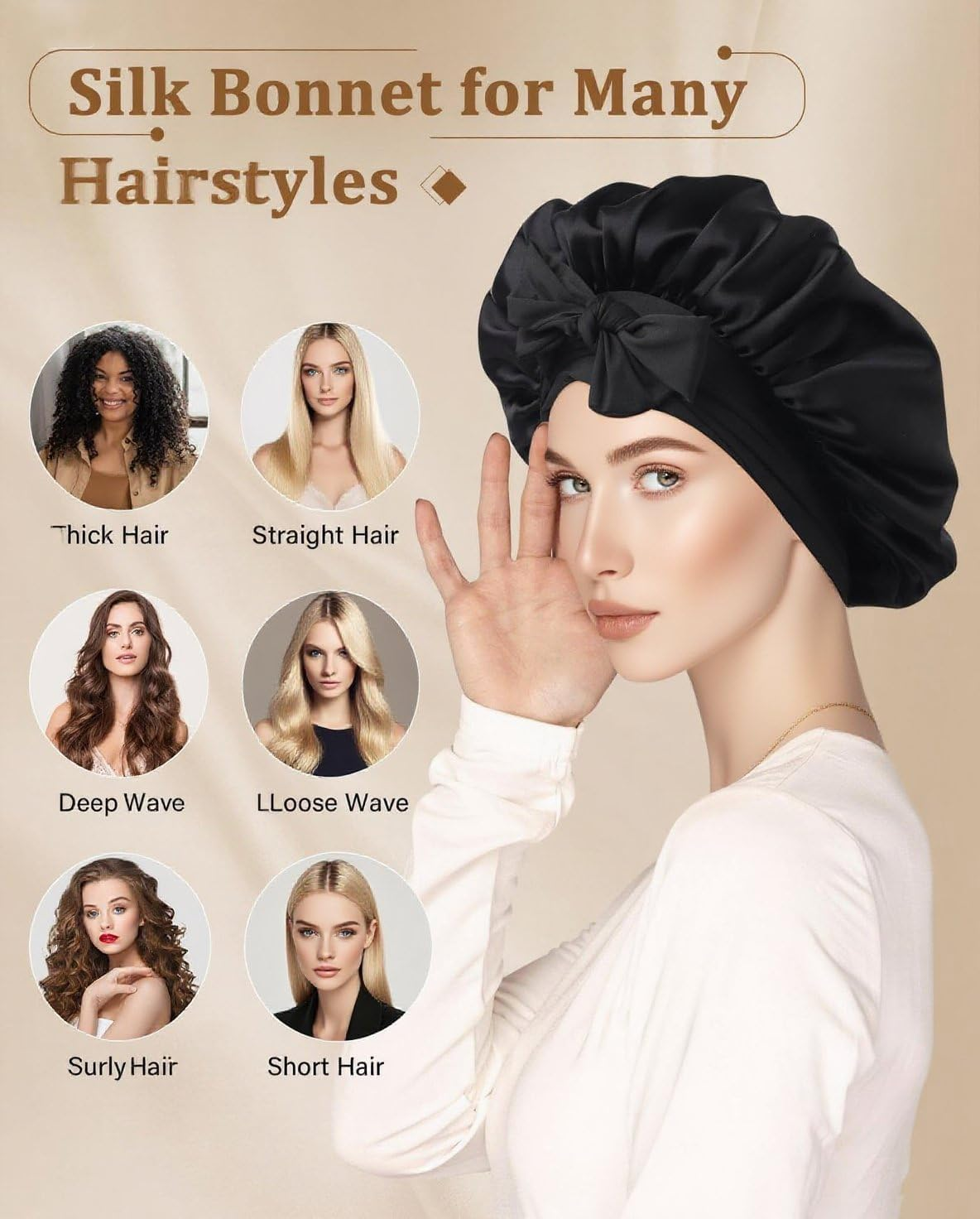 100% Silk Bonnet for Sleeping, Double Layer 22 Momme Mulberry Silk Hair Bonnets, Silky Wrap with Soft Tie Band Sleep Caps for Women (Black) image number 5