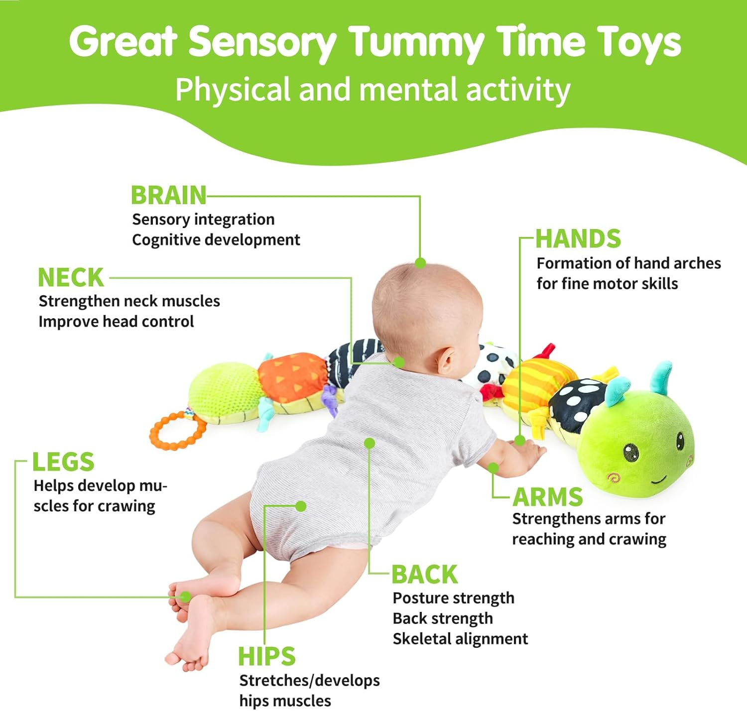 Baby Toys 0-6 Months, Musical Caterpillar Tummy Time Toy, Sensory Toys 6-12 Months, Infant Soft Stuffed Plush Animal Toy with Rattle Crinkle for Boys Girls Newborn Birthday Gifts 3 6 9 Months image number 6