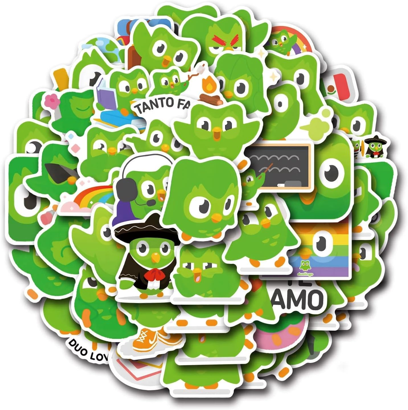 50 Pieces Duolingo Owl Stickers for Water Bottle|Vinyl Waterproof Decals for Laptop Skateboard Phone Car Decals for Teens Adults for Party Favors Supplies Decor (Cartoon Language Practice Stickers) image number 1