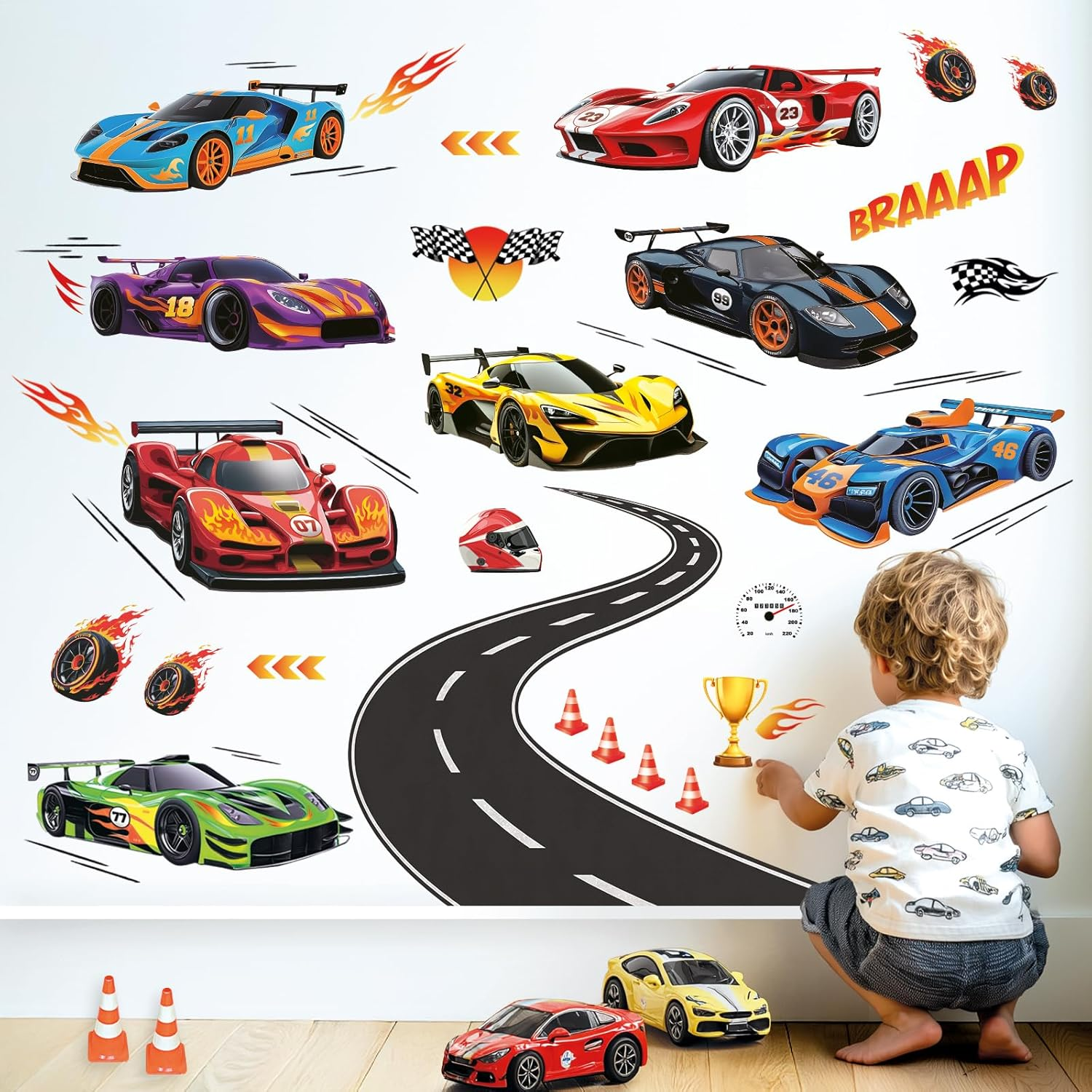 DECOWALL Race Car Wall Stickers &ndash; Large Racing Track & Sports Cars Peel & Stick Removable Decals for Kids Bedroom, Boys Room & Playroom Decor (SG2-2517)