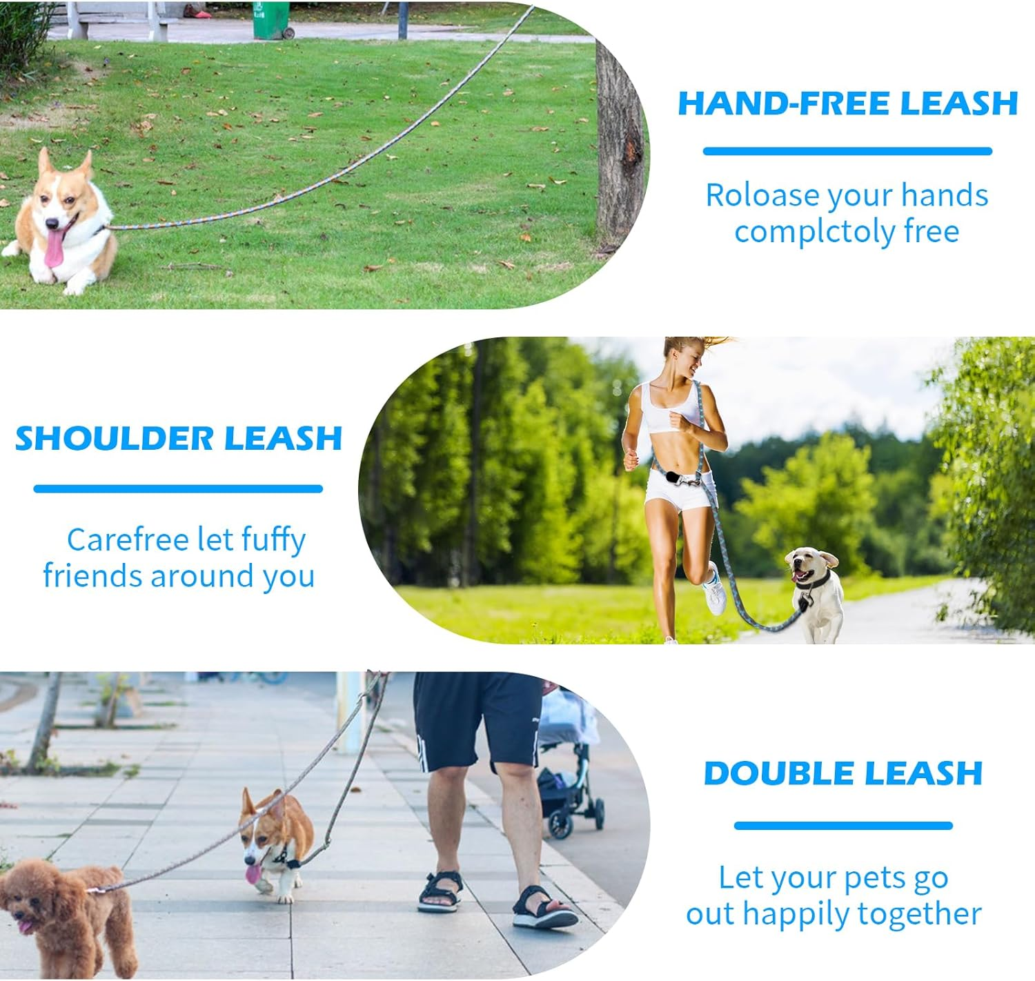 Multifunctional Dog Lead Hands-Free Dog Lead Strong Dog Training Lead 2.6 M Adjustable Dog Lead Double Lead Reflective Nylon Lead Pet Dog Lead for Walking, Running, Training image number 3