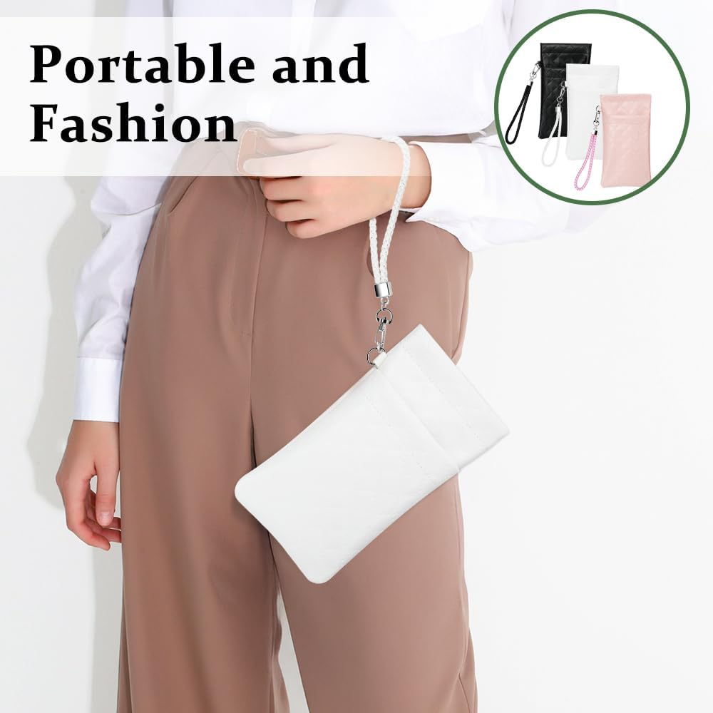 RETON 3 PCS Double Eyeglasses Case with Carrying Strap, Pink Black and White Color Sunglasses Pouch Soft Portable PU Leather Case for Women Men image number 3