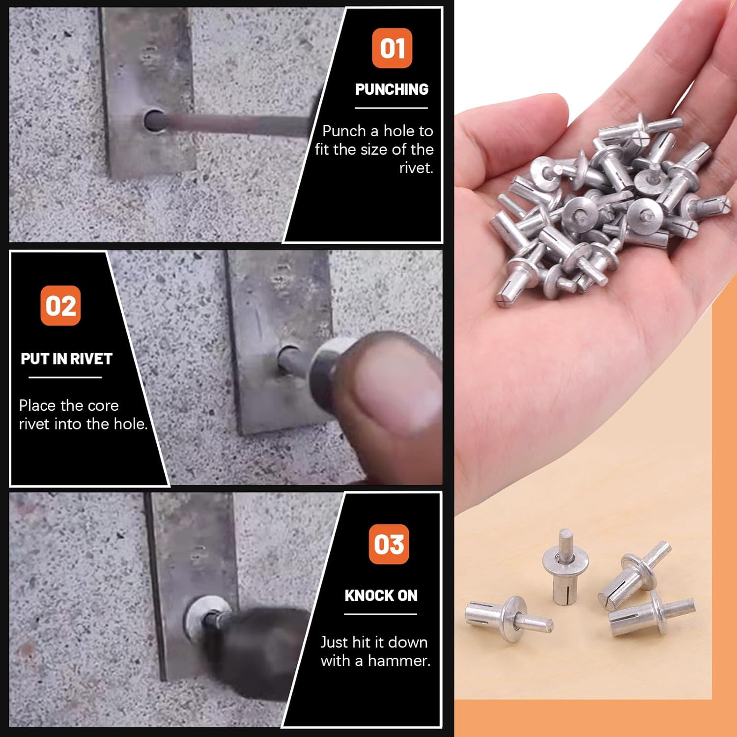Tanstic 130Pcs 3 Sizes Half round Head Aluminum Core Rivet Drive Rivets Hammer Drive Rivets Knock Type Expansion Aluminum Rivet for Home Industry (M5X7,M5X9,M5X11Mm) image number 5