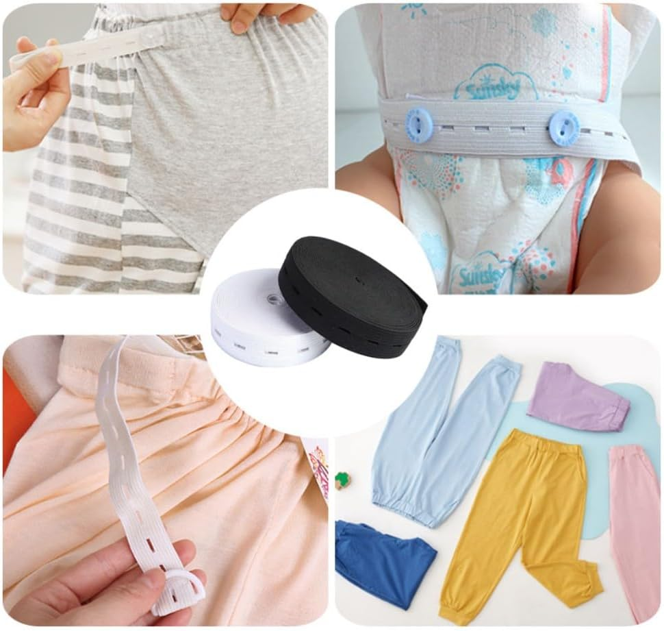 2 Rolls Elastic Band with Holes,Yifarube 1Inch Width Buttonhole Stretch Strip with Soft Tape Measure and 20Pcs Resin Button for Crafts DIY Waistbands (White and Black,5.5 Yard Each) image number 4