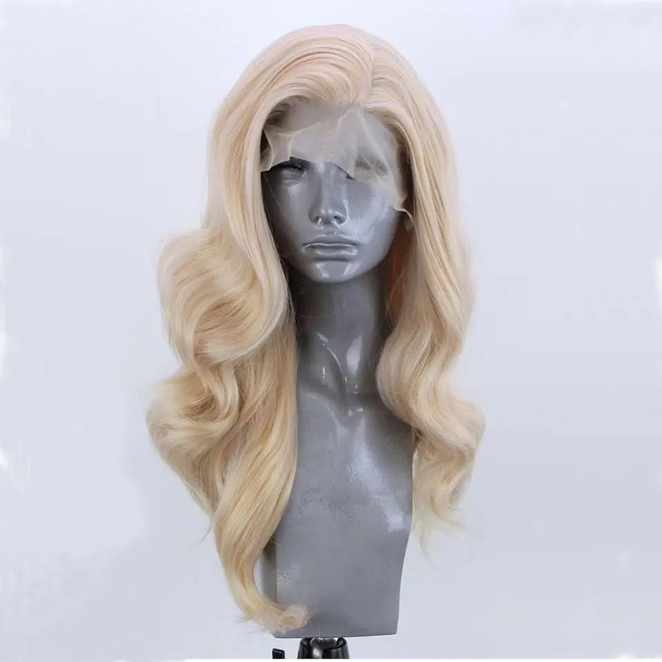 24Inch Light Blonde Wavy Lace Front Wig Long Curly Blonde Wig Heat Resistant Hair Natural Hairline Soft Wig Glueless Wig for Women Drag Queen Cosplay - Auburn image number 2