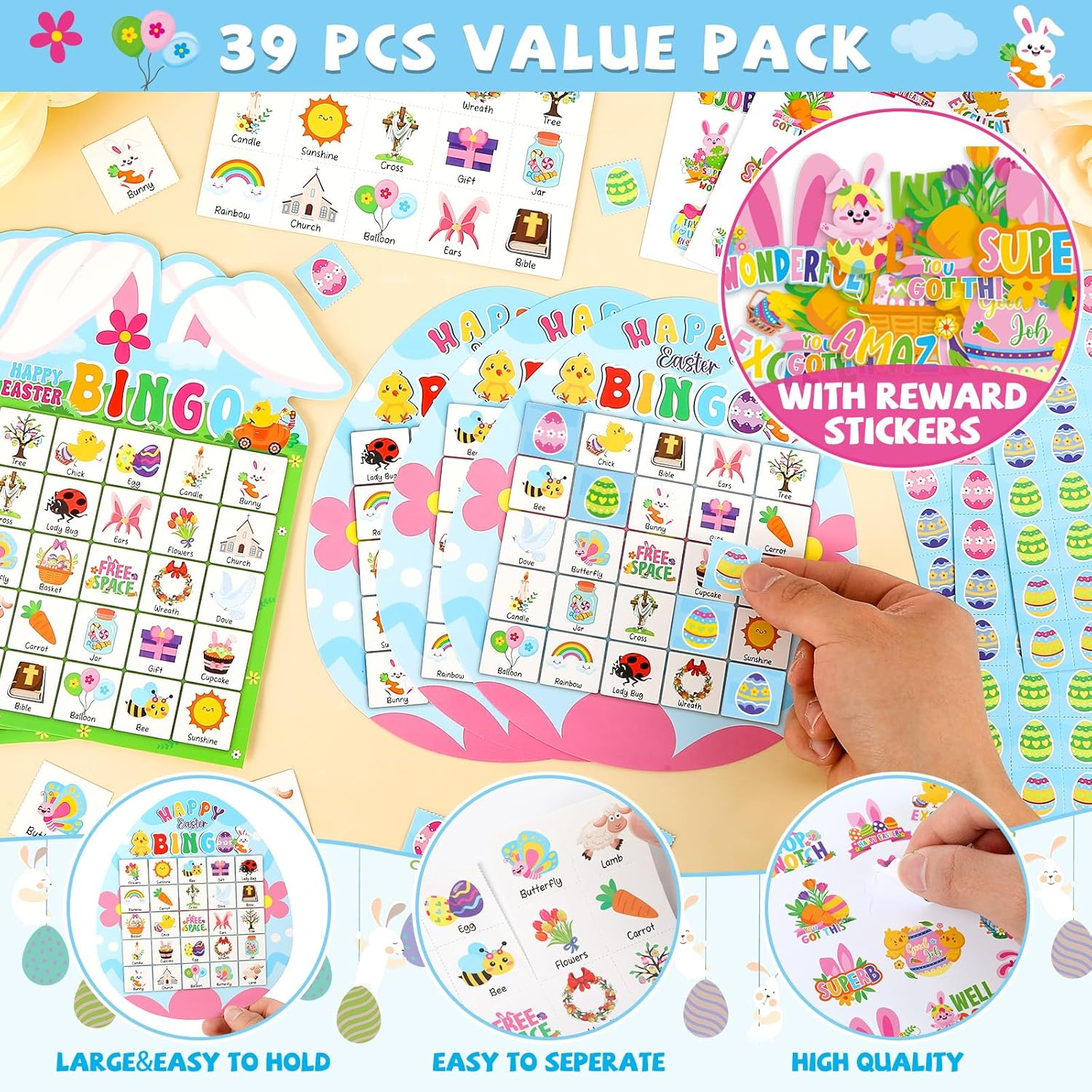 39Pcs Easter Bingo Game for Adults 24 Players Easter Bunny Egg Shape Bingo Game Cards with Reward Stickers for Family Friends Students Large Group Activities Happy Easter Spring Party Favors Gift image number 2