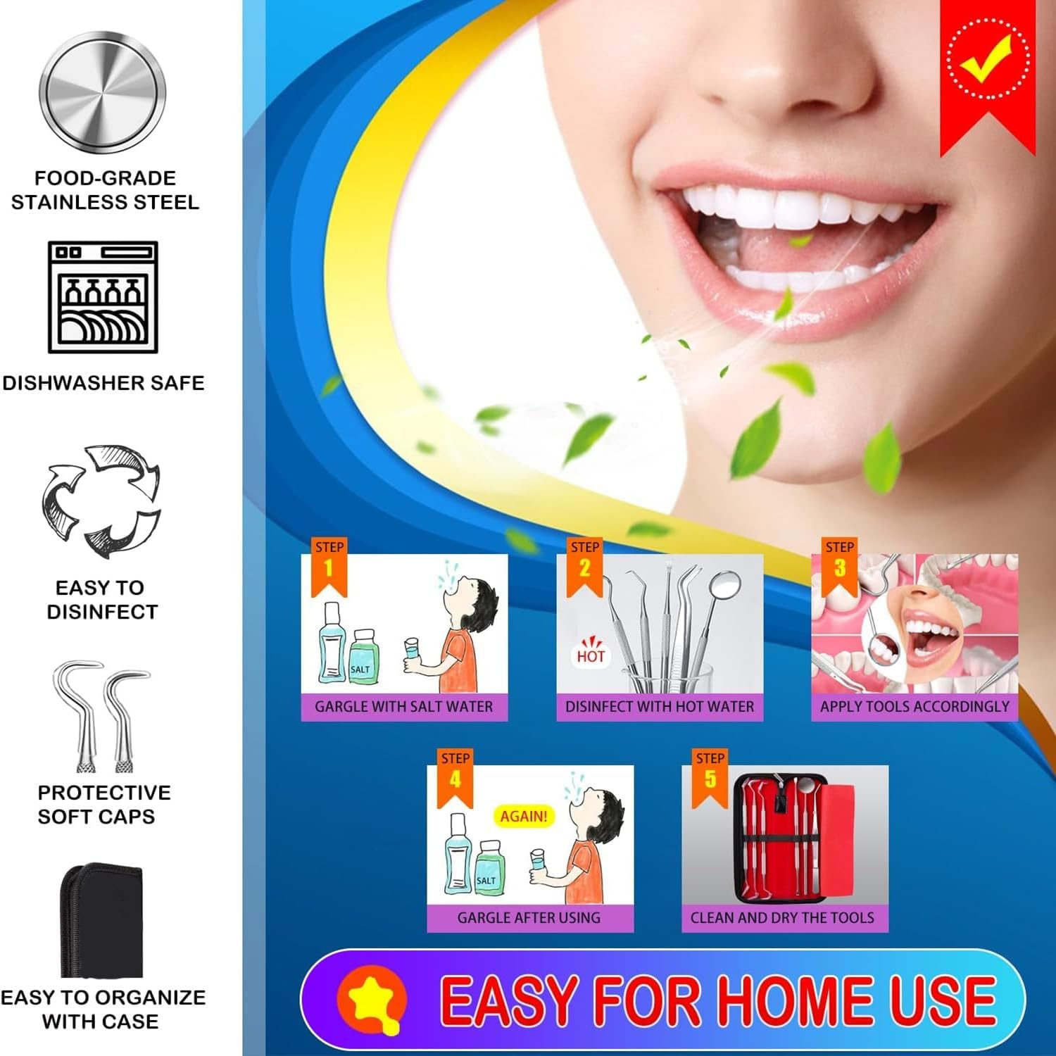 6-Piece Dental Tools, Dental Pick Teeth Cleaning Tools, Dental Hygiene Kit, Plaque Remover for Teeth, Professional Stainless Steel Tooth Scraper Plaque Tartar Cleaner - with Case image number 4