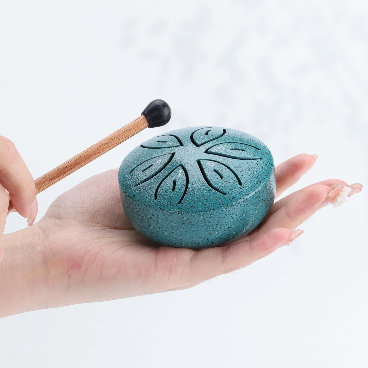 Facmogu Steel Tongue Drum for Outside, 3 Inch 6 Notes Chakra Drum for Outdoor Use, Mini Handpan Drum for Sound Bath, Musical Education Entertainment Meditation Yoga Zen Gifts - Green (Leaf Pattern) image number 2