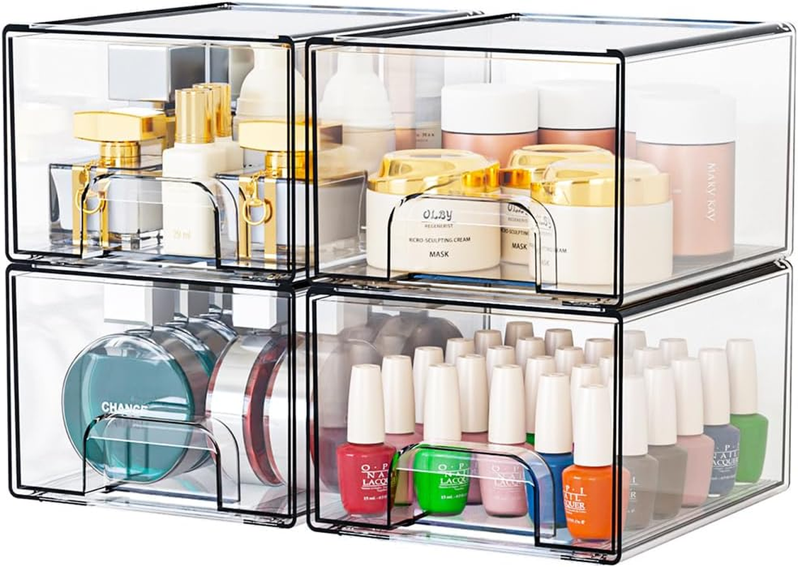 4-Pack Transparent Stackable Storage Boxes, Bathroom Cosmetic Storage Boxes, Drawer-Type Desktop Box, Dust-Proof, Large Capacity, for Dressing Tables, under Sinks, Kitchen Cabinets, Pantry, Home image number 2
