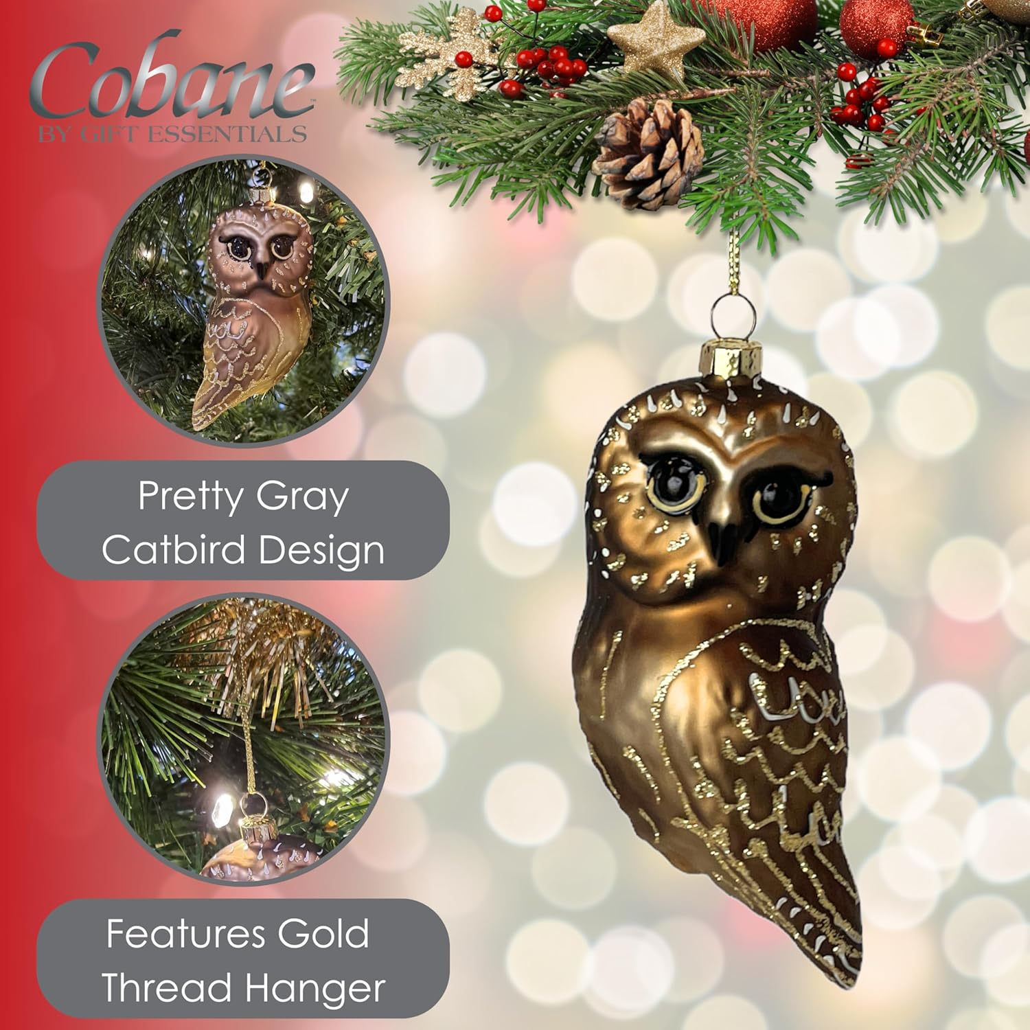 Cobane Studio Northern Saw Whet Owl Hanging Glass Ornament - Hand Blown and Hand Painted Bird Ornament for Christmas and Home Decor - Male Ruby Throated Hummingbird image number 2
