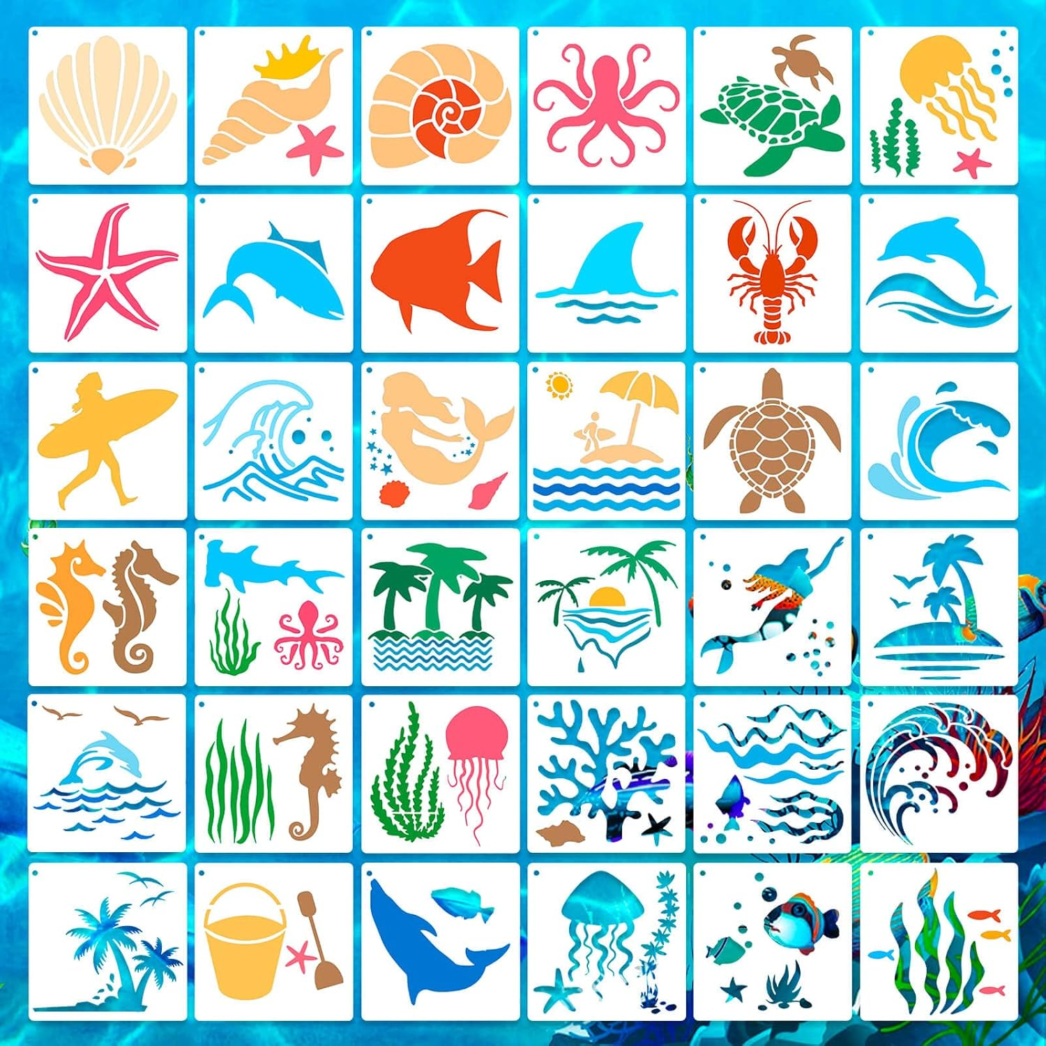 Vomika 36PCS Reusable Ocean Creatures Stencils, Sea Animal PET Template, DIY Craft Paint Stencil with Metal Open Ring, for Painting on Floor Wall Wood Paper Fabric Furniture, 5.1X5.1 Inches image number 2