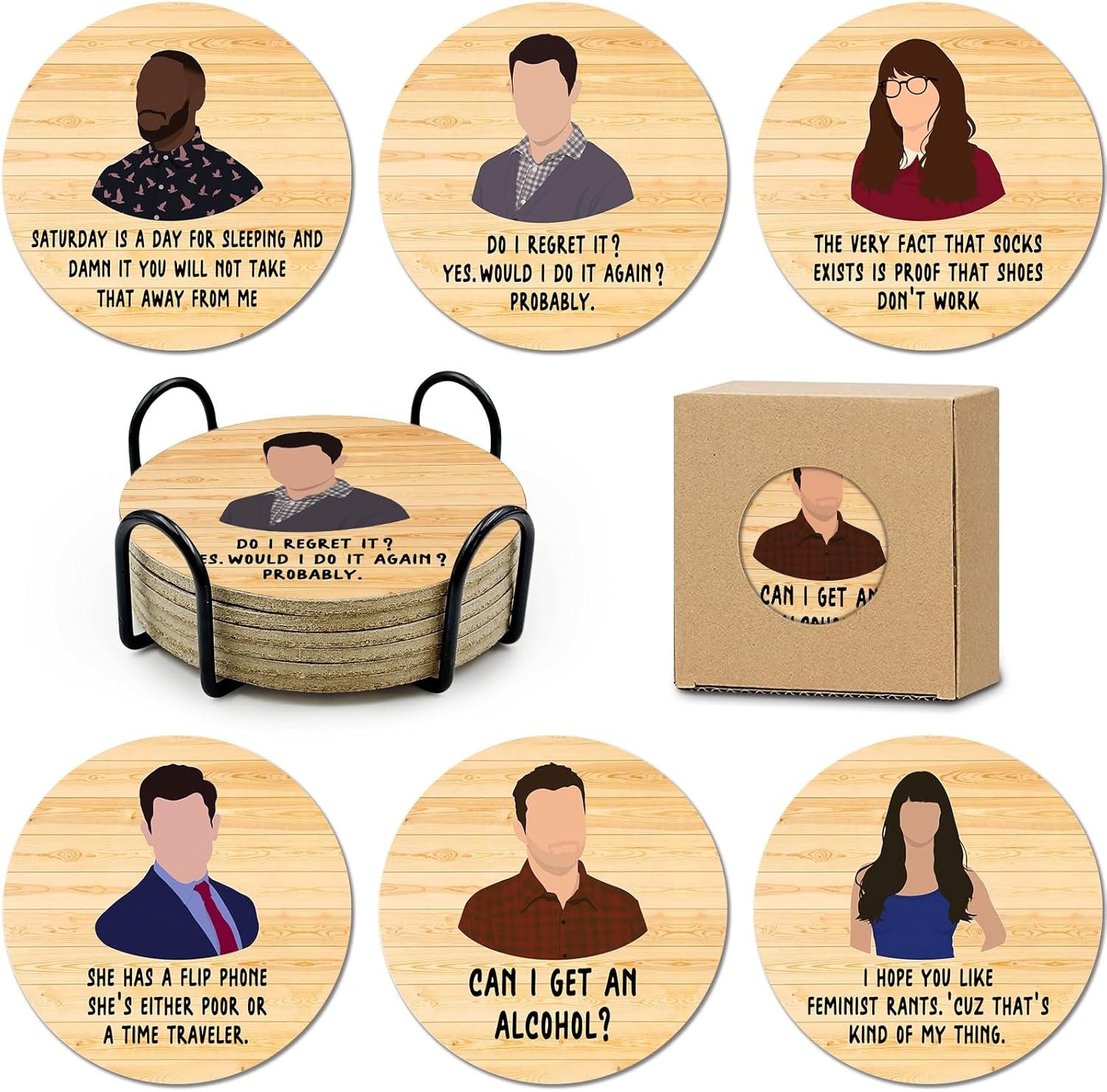 New Girl Cork Coasters Set of 6, Funny Novelty Coasters for Drinks Absorbent with Holder Cup Desk Office Table Kitchen Decor Accessories House Warming Gifts for New Home Couples,Round 4 Inch image number 1