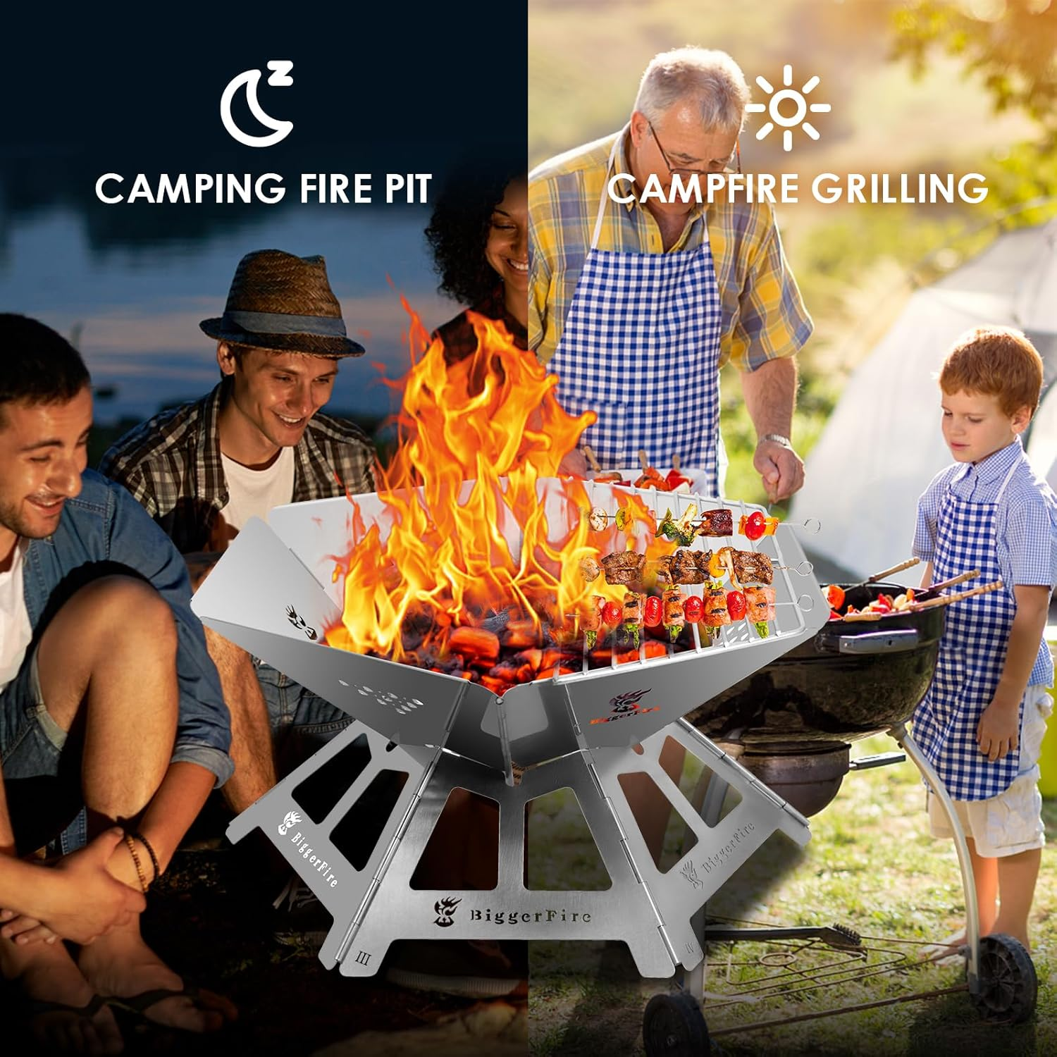 Biggerfire Stainless Steel Foldable Fire Pit with Charcoal Grill Small Size Wood Burning Grill,Portable with Carrying Bag for Patio Yard Outdoor Barbecue Camping Bonfire Lightweight 1.7Kg image number 1